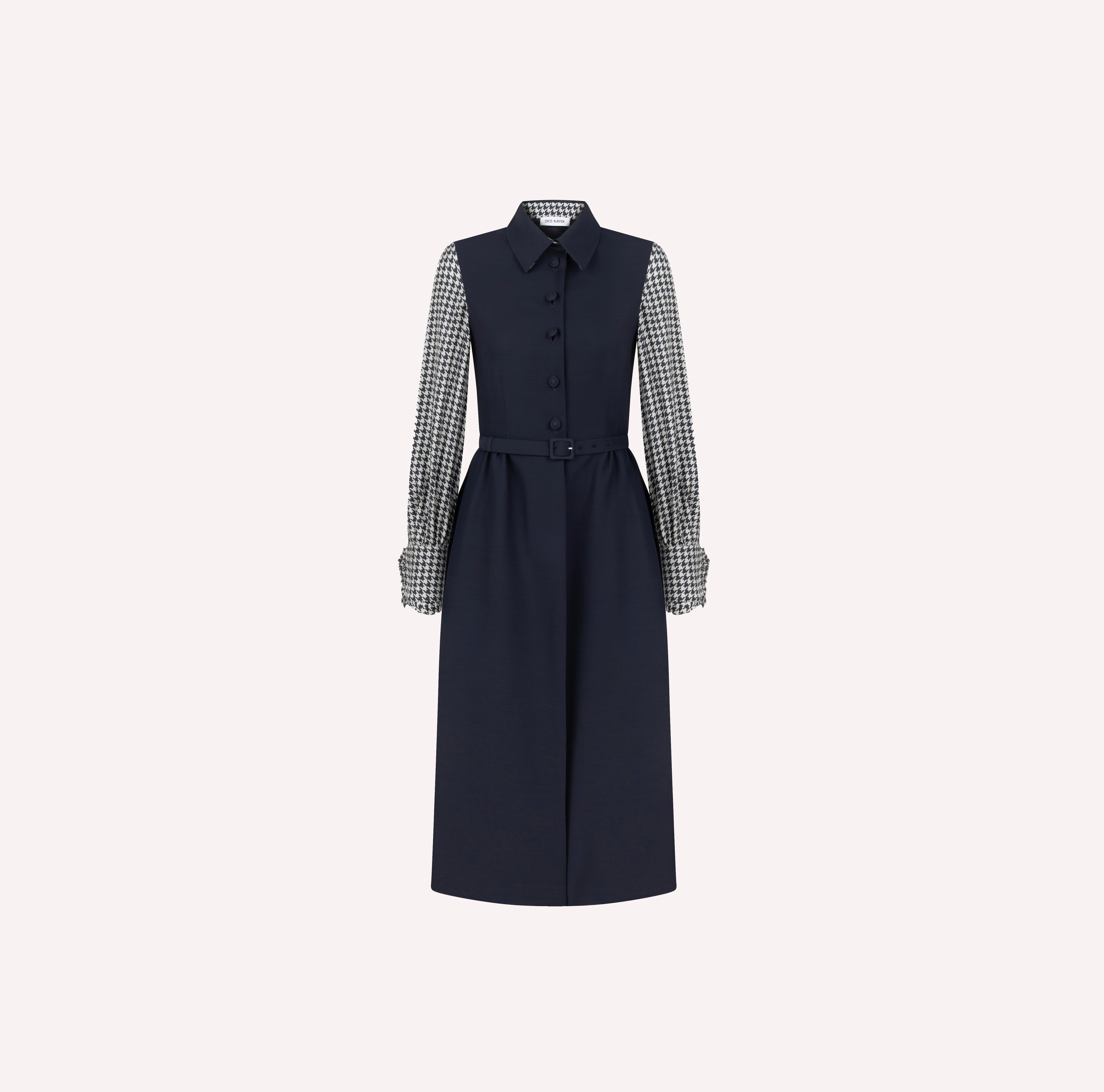 Belted Houndstooth-Sleeve Midi Dress