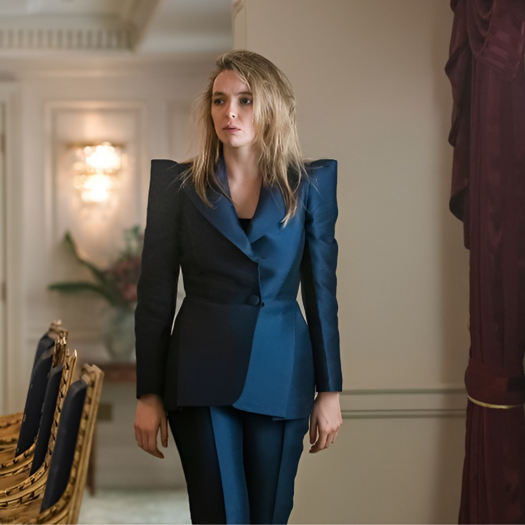 JODIE COMER AS OKSANA ASTANKOVA / VILLANELLE IN BBC SPY THRILLER SERIES KILLING EVE WEARING DICE KAYEK PRE-FALL 2019 RTW