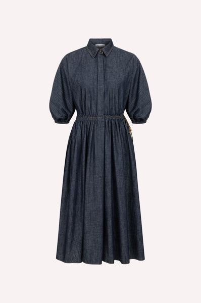 Puff-Sleeve Chambray Midi Dress