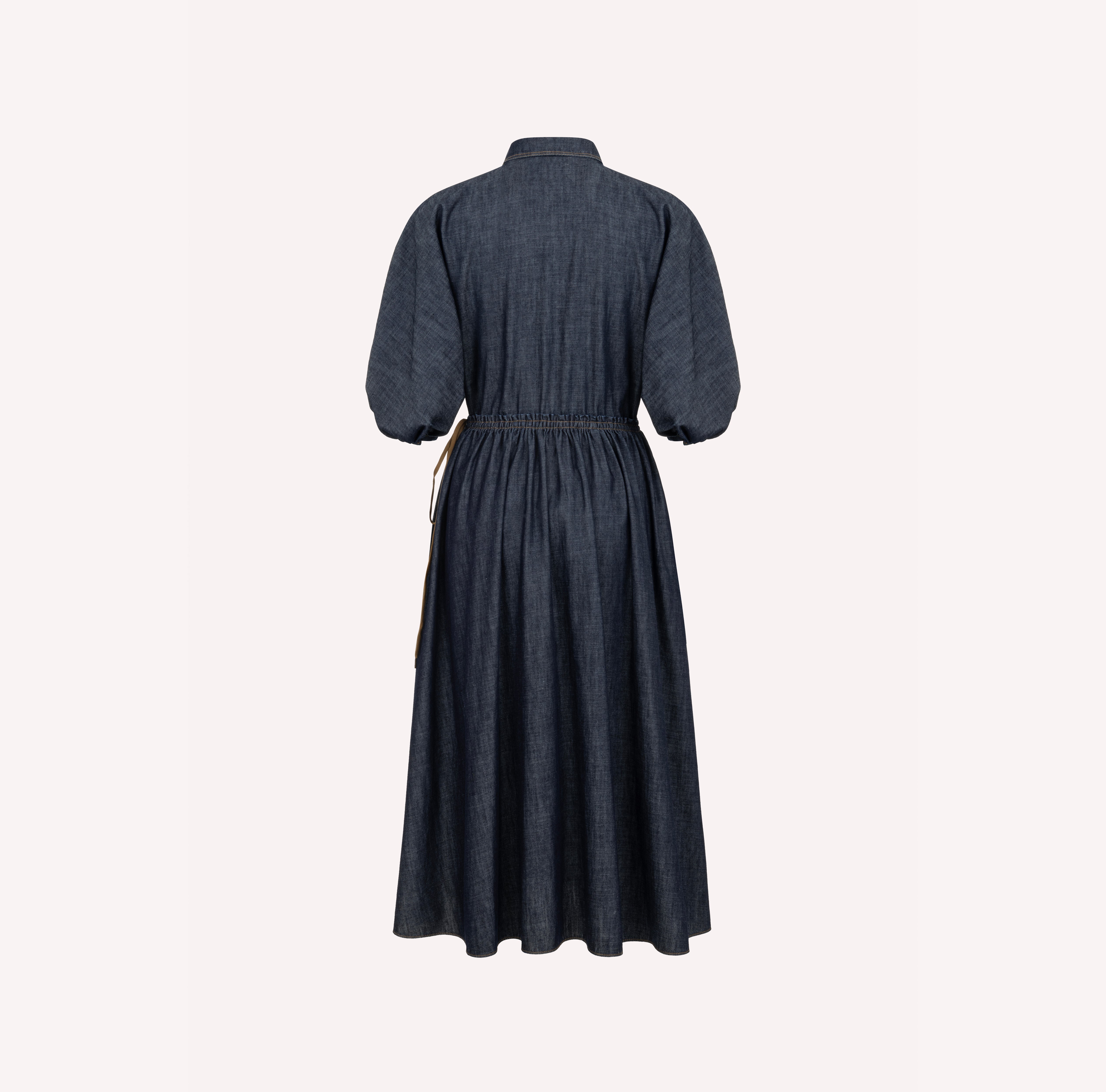 Puff-Sleeve Chambray Midi Dress