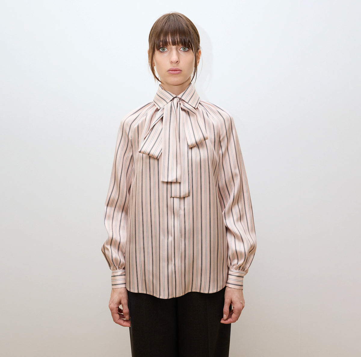 Pink Striped Silk Pussy-Bow Shirt