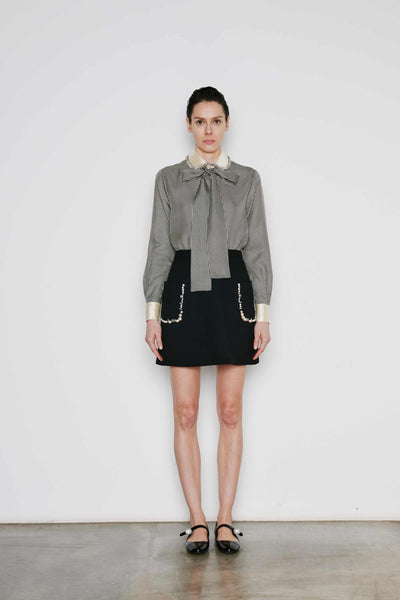 Pied de Poule Silk Blouse with Embellished Collar