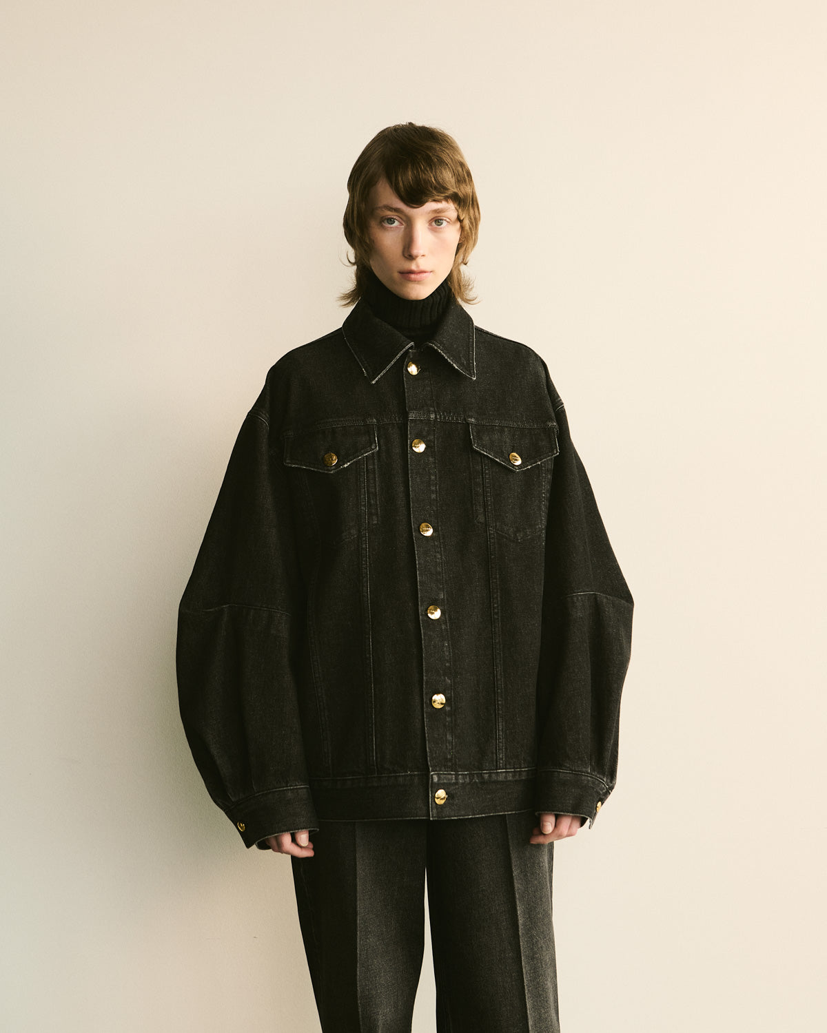 Oversized Washed-Black Denim Jacket with Gold Buttons