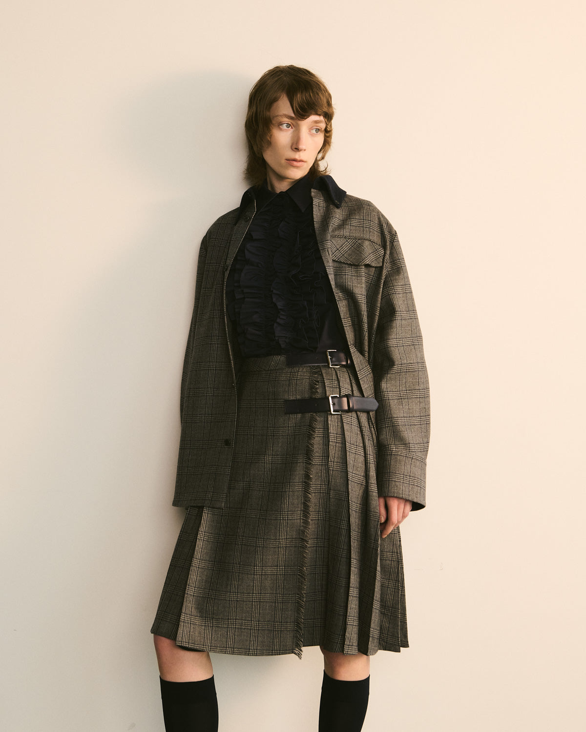 Pleated Check Buckle Skirt