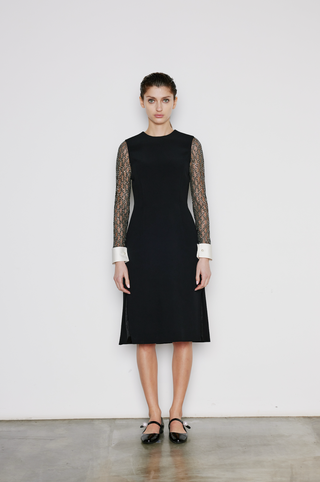 Black Dress with Lace Sleeves and Contrast Cuffs Black Dress with Lace Sleeves and Contrast Cuffs