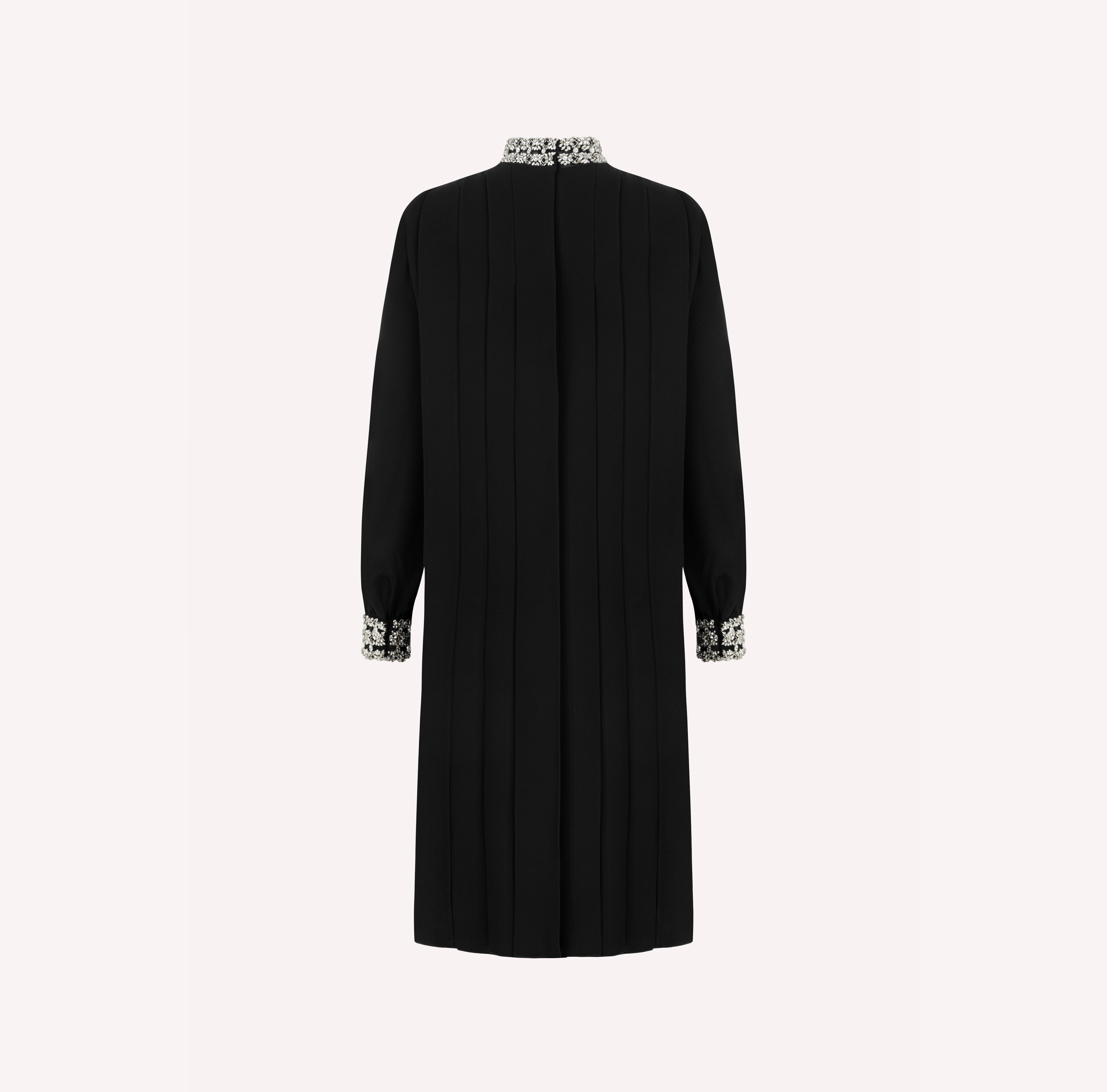 Long-Sleeve Silk Dress with Embellished High Neck