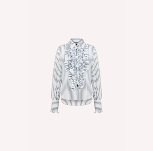 Striped Ruffle-Front Cotton Poplin Shirt