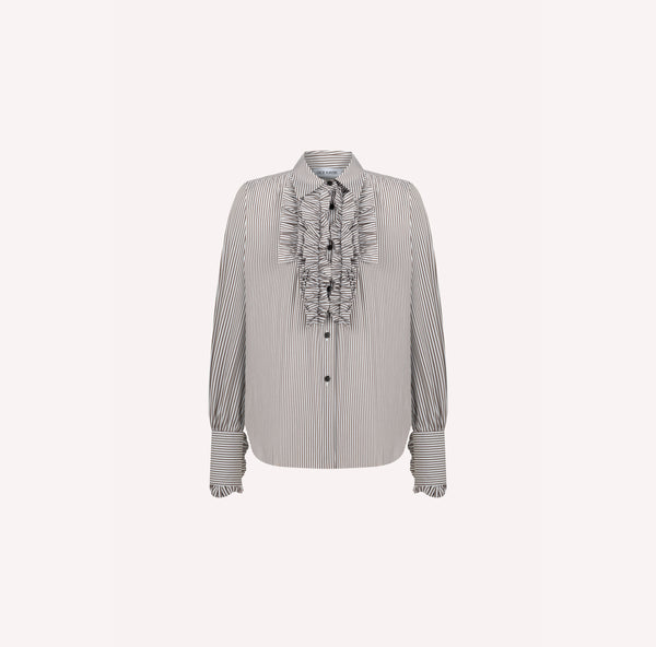 Striped Ruffle-Front Cotton Poplin Shirt