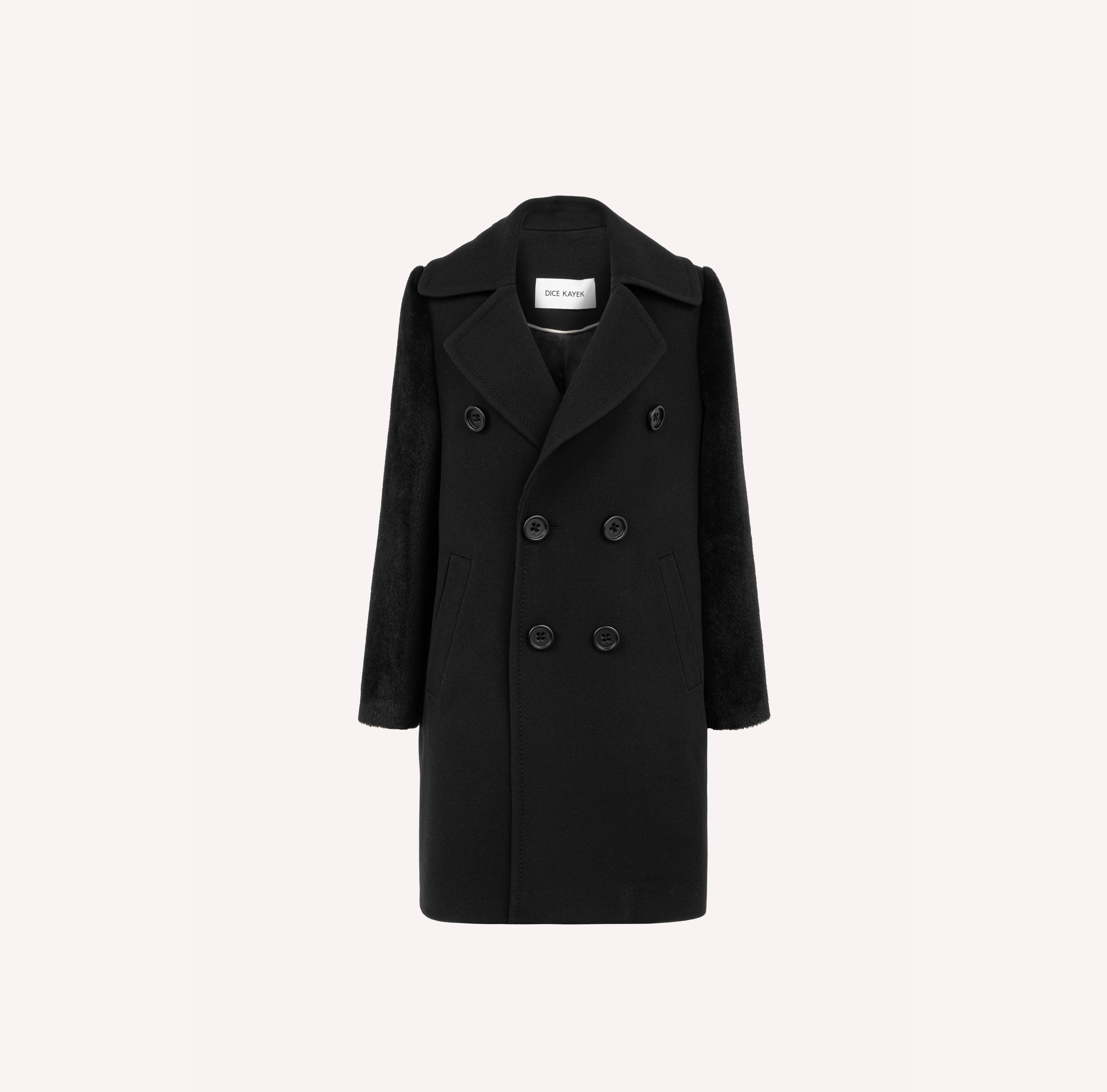 Double-Breasted Wool Coat with Textured Sleeves