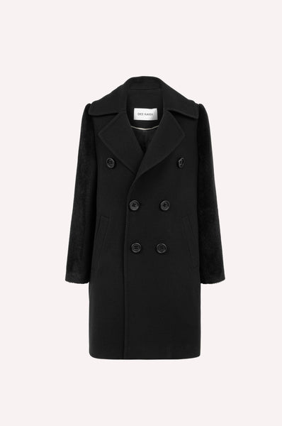Double-Breasted Wool Coat with Textured Sleeves