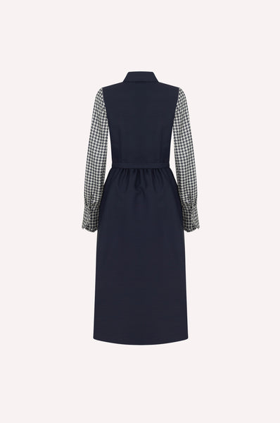 Belted Houndstooth-Sleeve Midi Dress