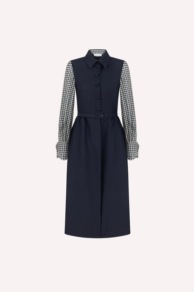 Belted Houndstooth-Sleeve Midi Dress