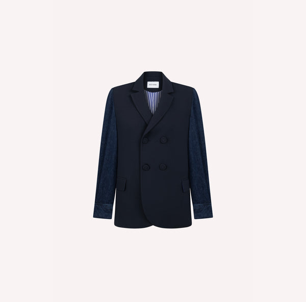 Double-Breasted Jacket with Denim Sleeves