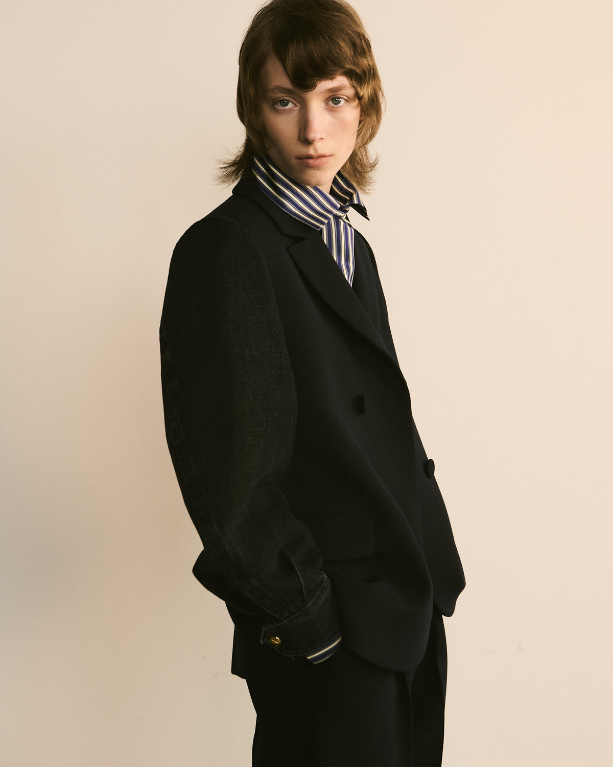 Double-Breasted Jacket with Denim Sleeves