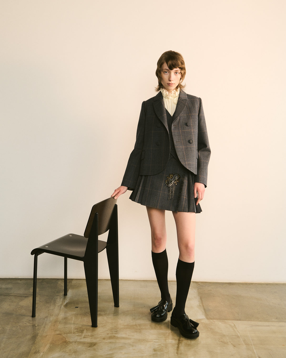 Embellished Checked Pleated Skirt