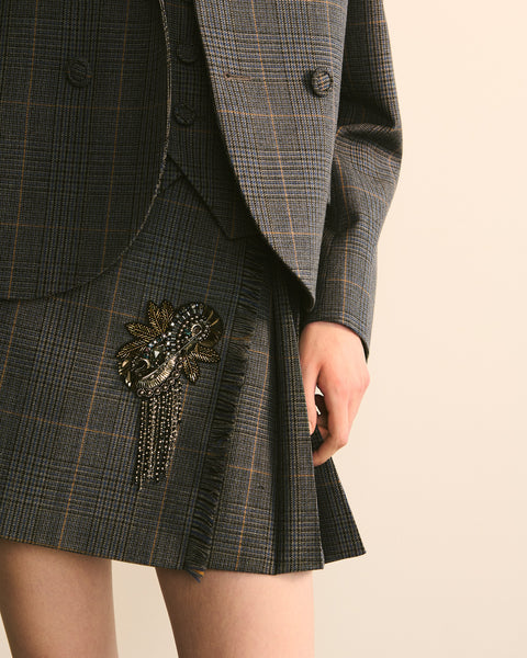 Embellished Checked Pleated Skirt