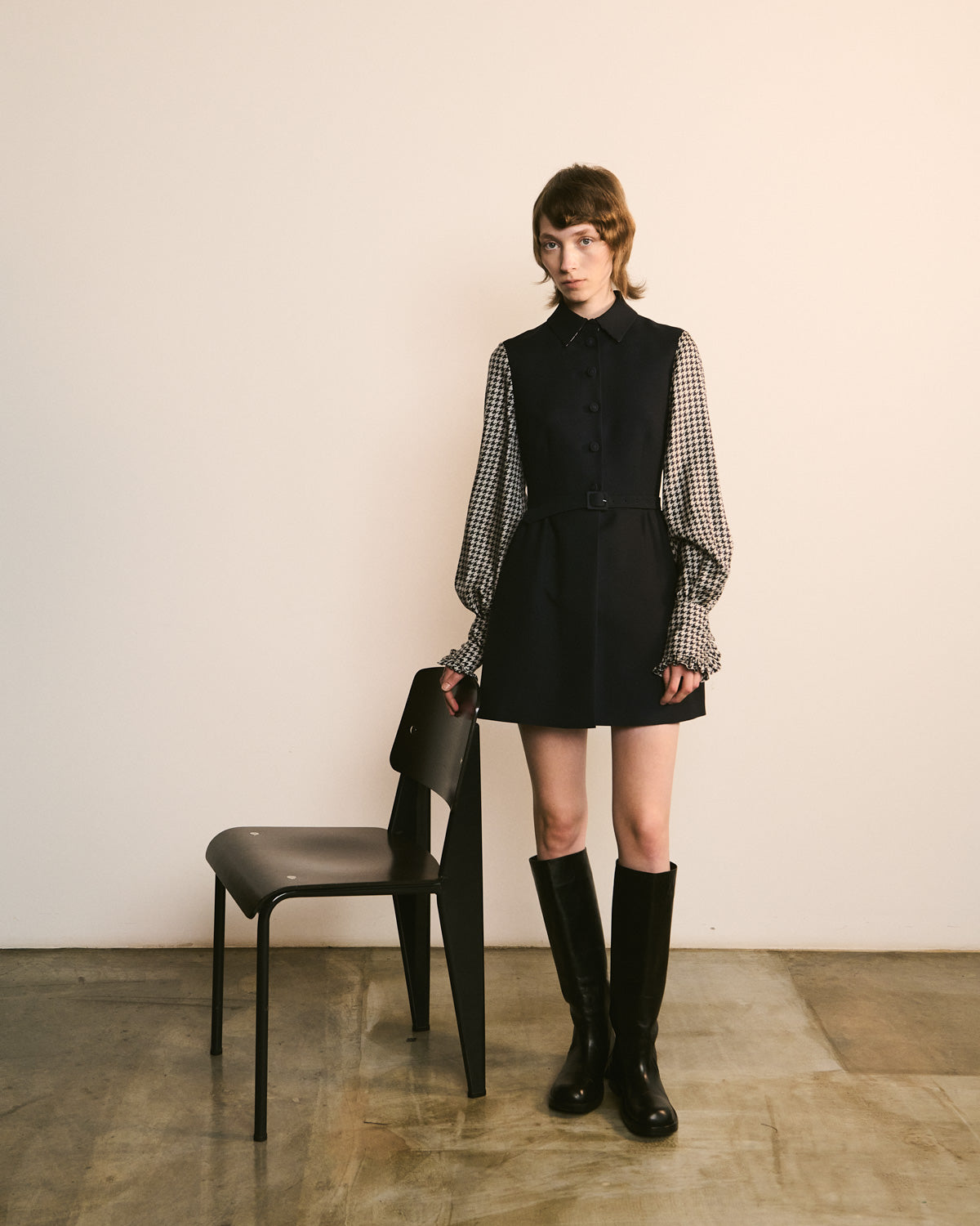 Pied-de-Poule Sleeve Mini Dress