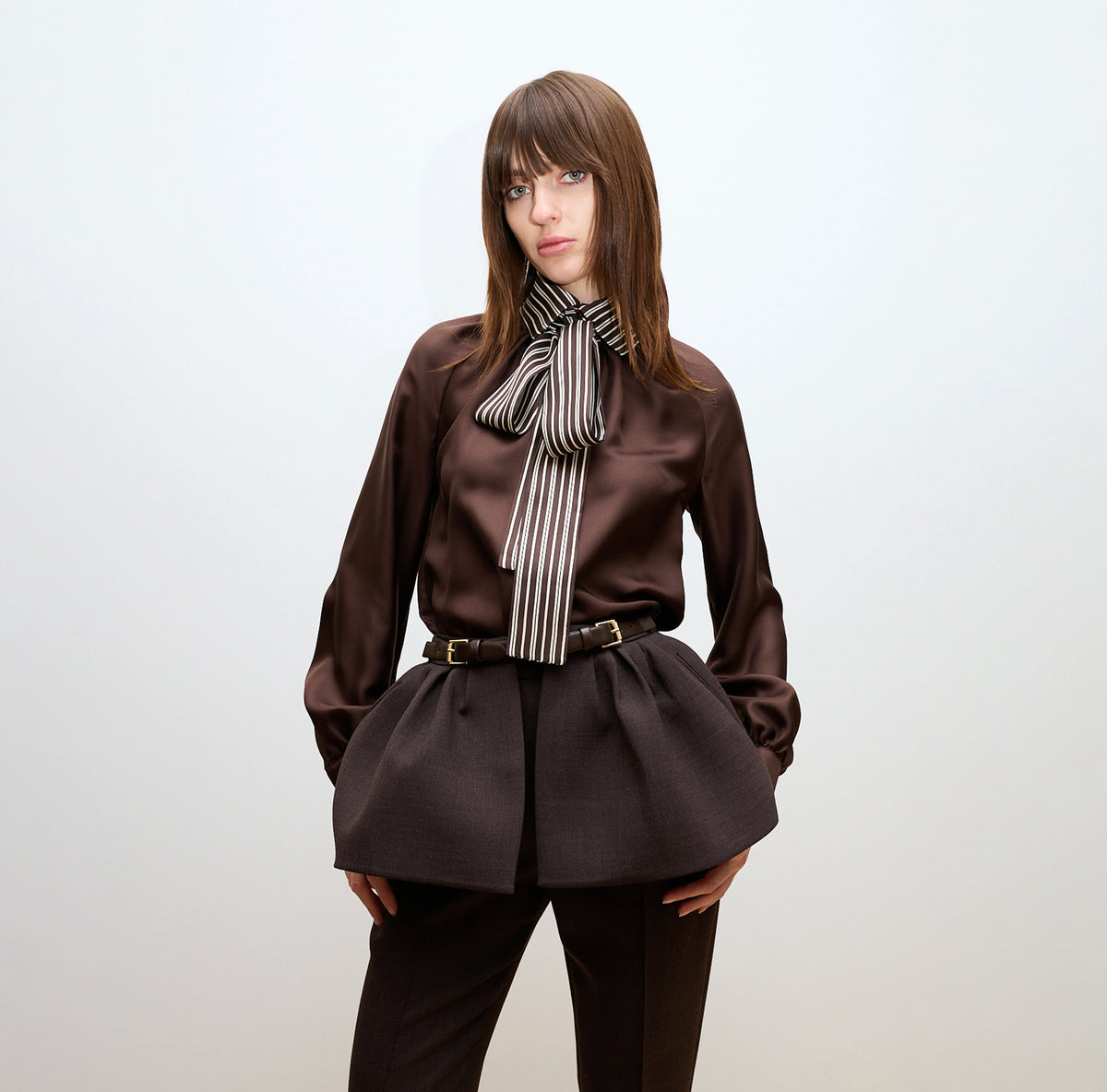 Chocolate Brown Silk Pussy-Bow Blouse