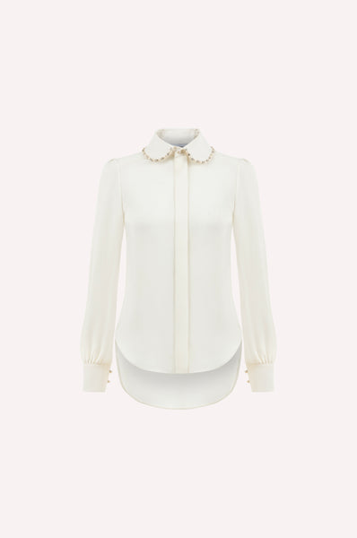 Pearl Beaded Collar Silk Shirt