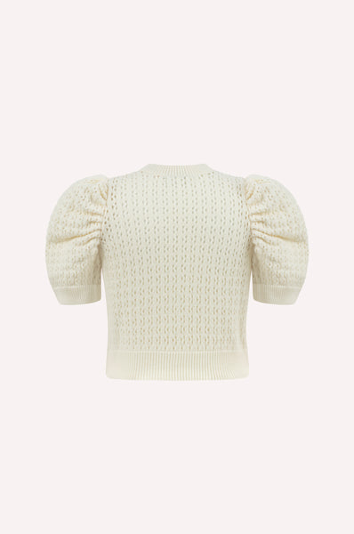 Pearl Button Knit Sweater with Puff Sleeves