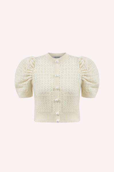 Pearl Button Knit Sweater with Puff Sleeves