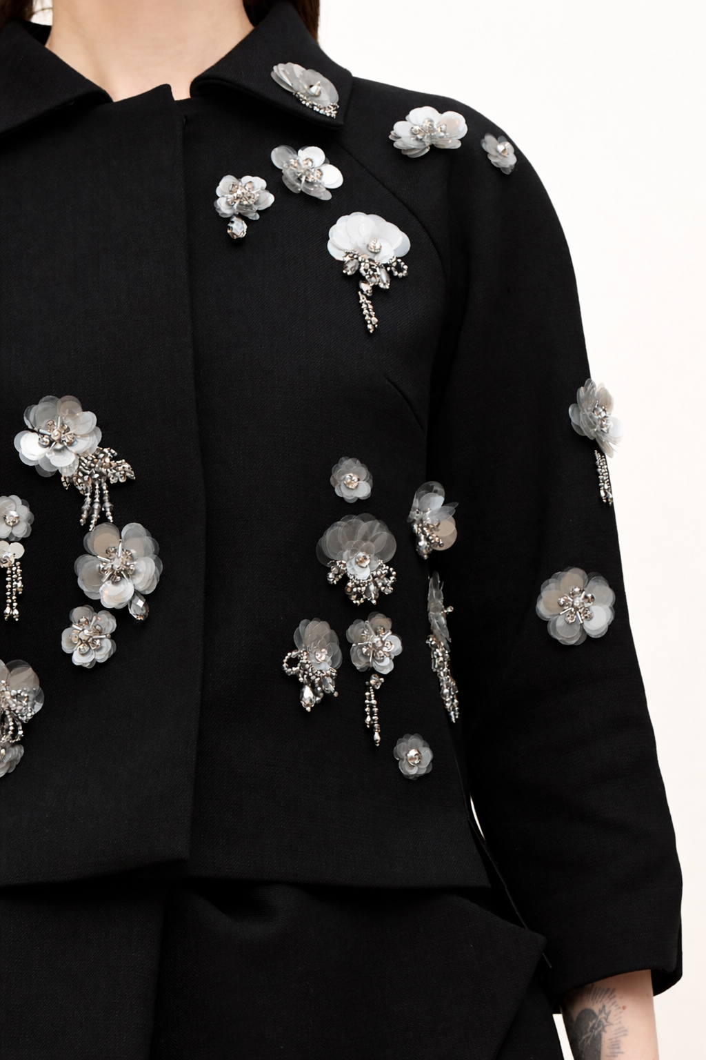 Floral Embellished Cropped Jacket in Black