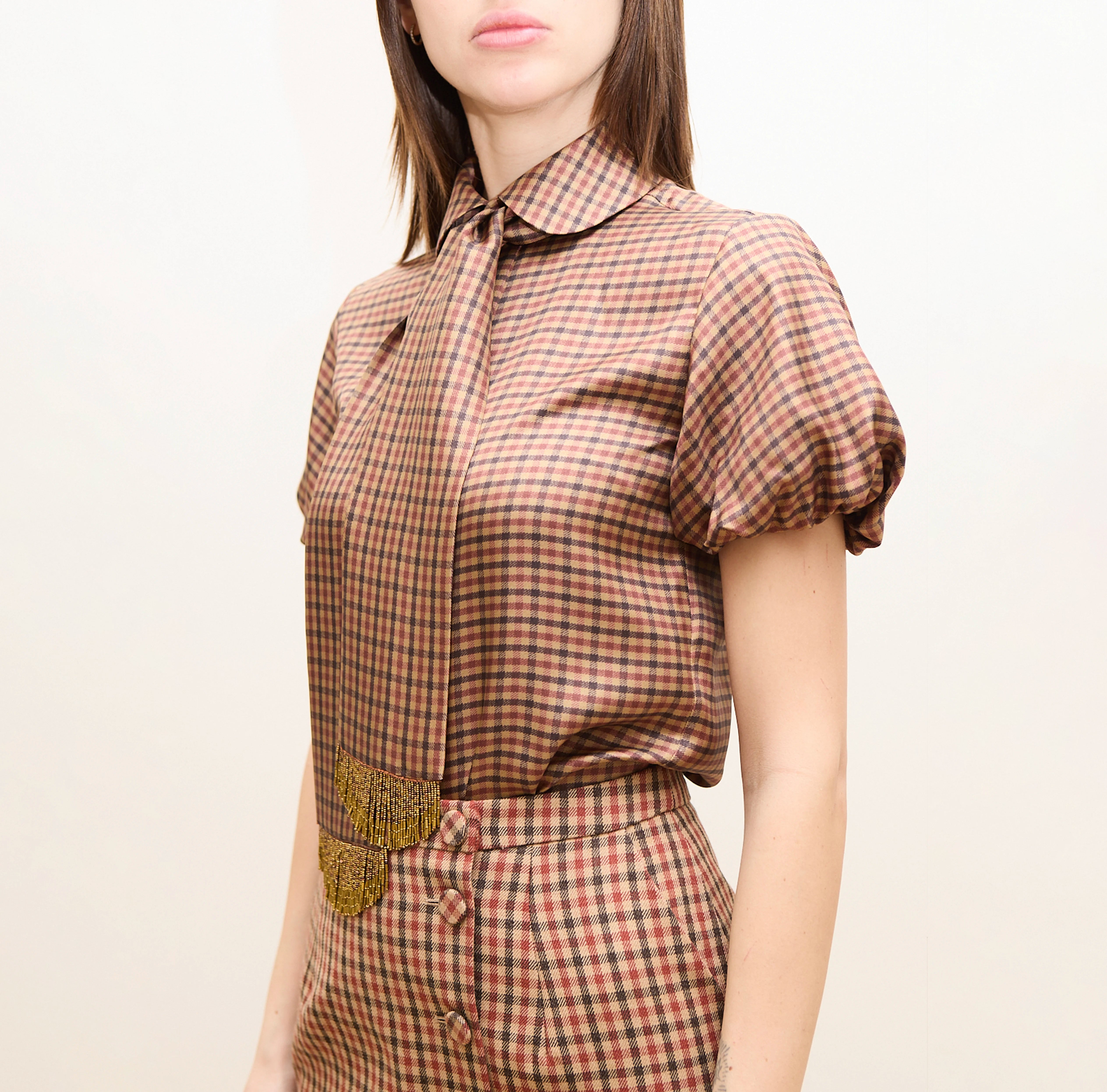 Gingham Silk Blouse with Fringed Neck Tie