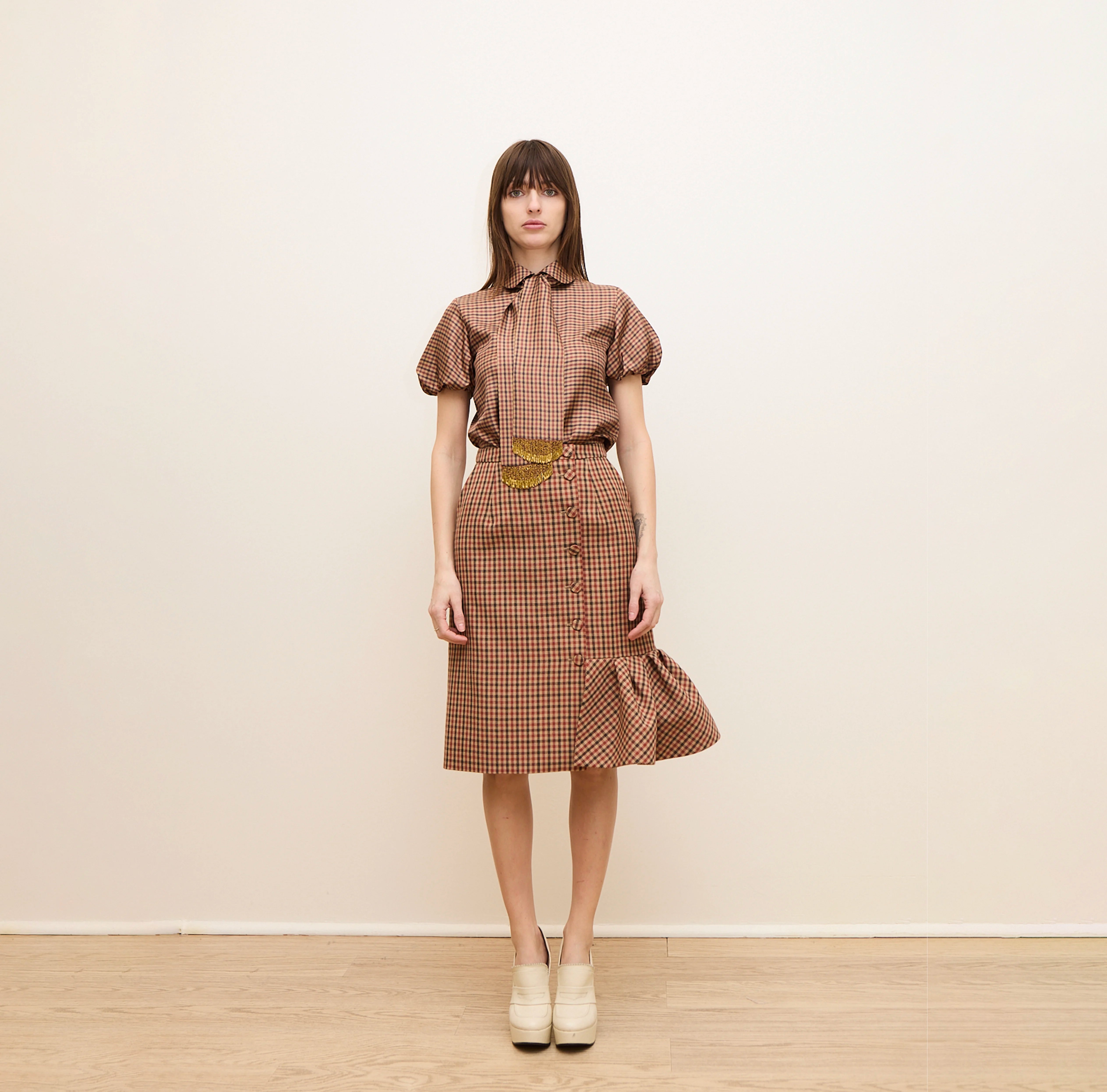 Gingham Silk Blouse with Fringed Neck Tie