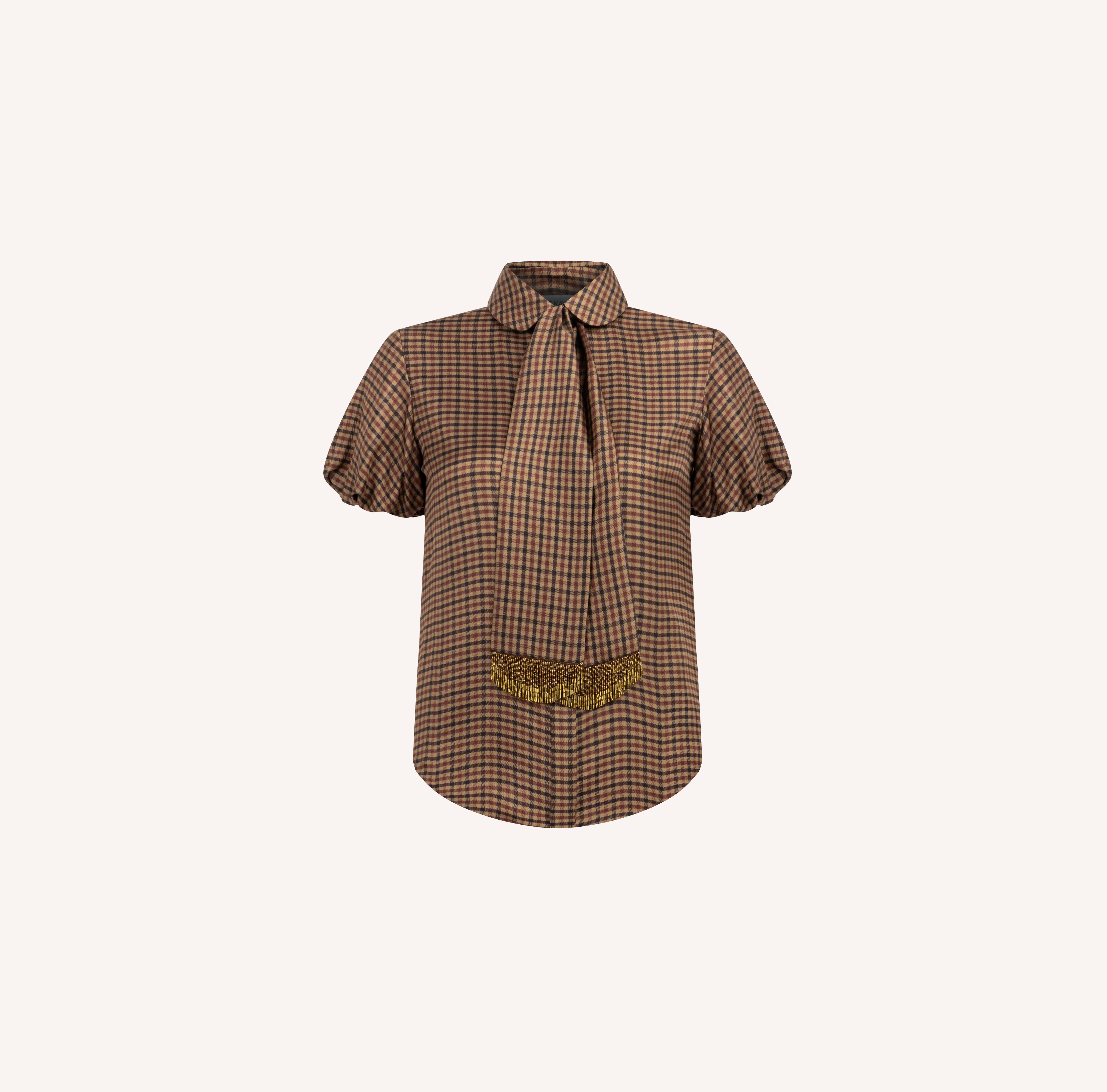 Gingham Silk Blouse with Fringed Neck Tie