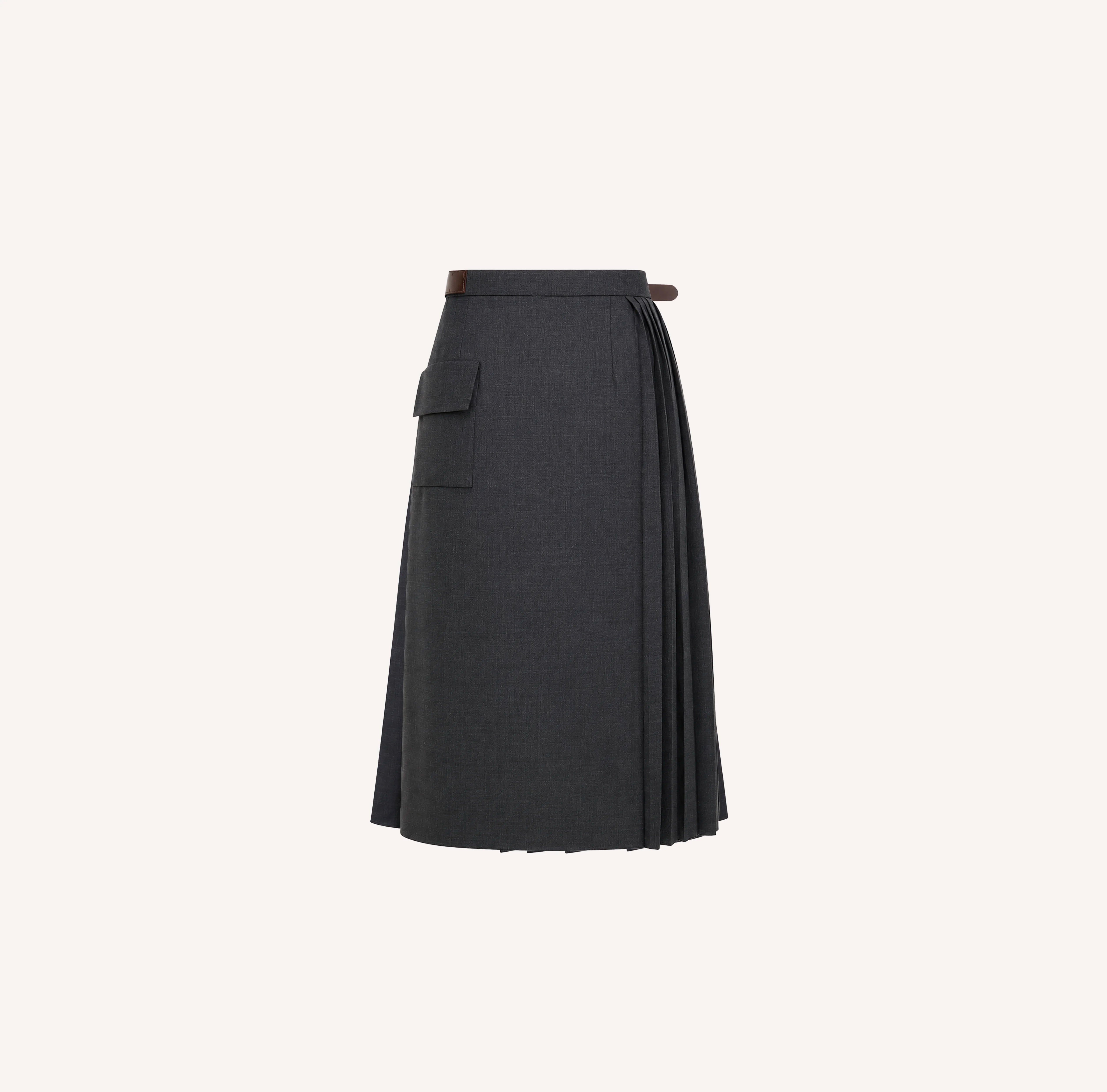 Pleated Wool Midi Skirt Belt Detail in Anthracite