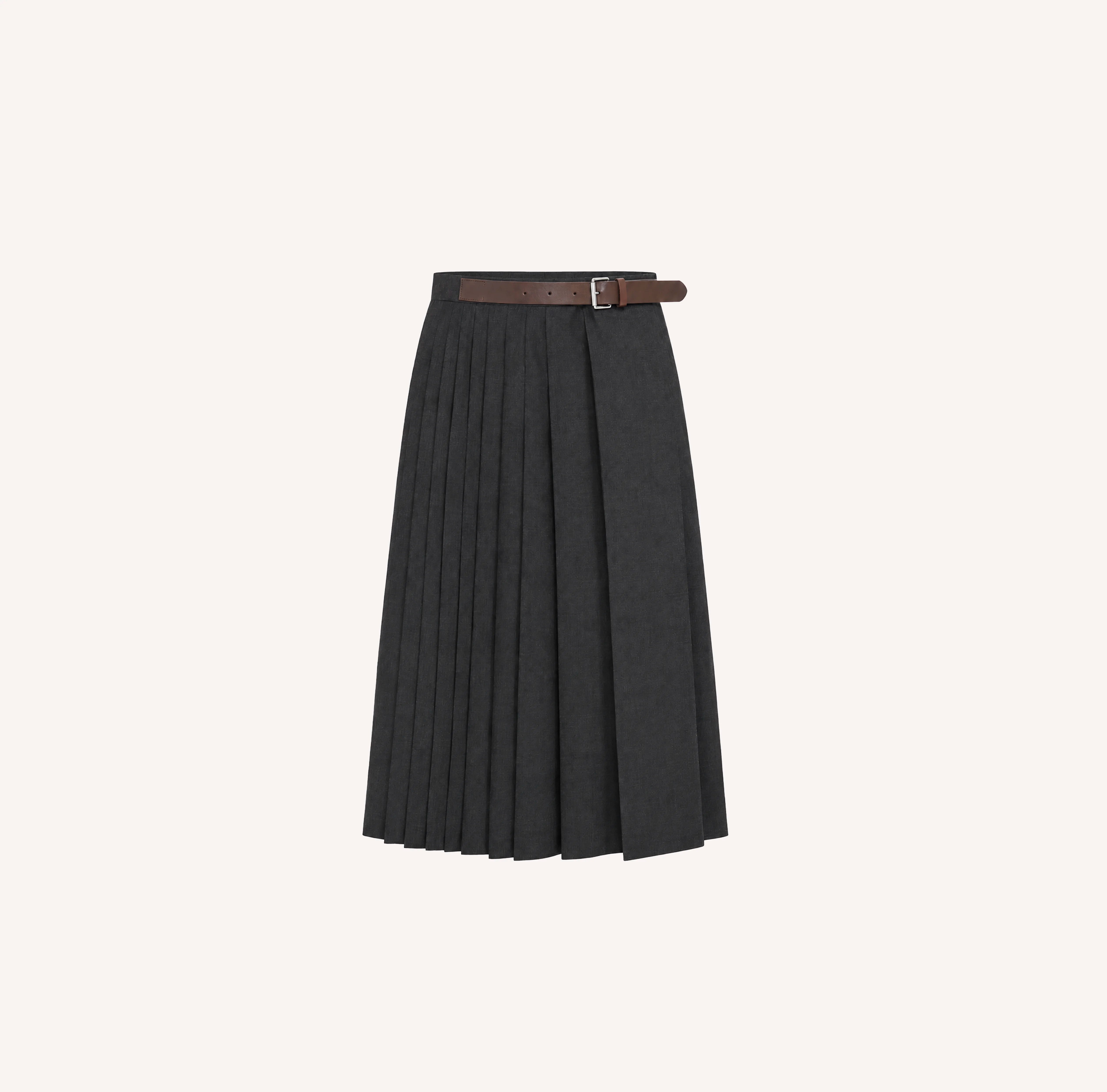Pleated Wool Midi Skirt Belt Detail in Anthracite