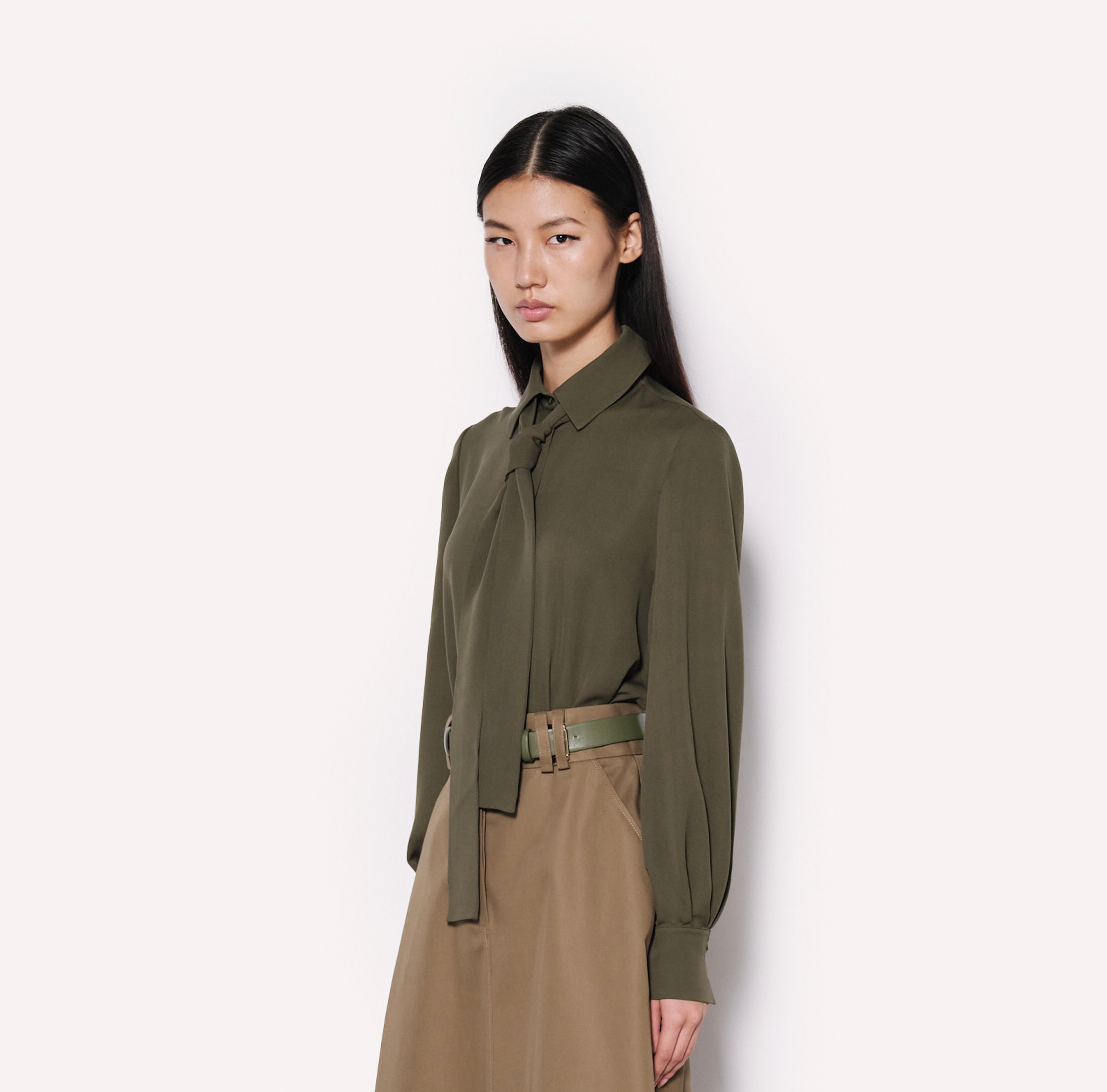 Silk Crepe Tie-Neck Shirt