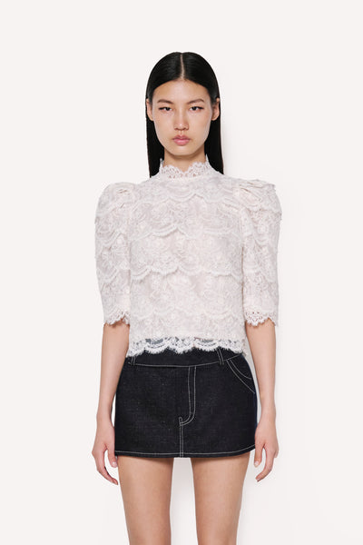 Lace Puff Sleeve High-Neck Shirt