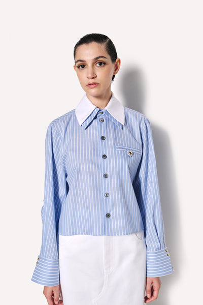 Striped Button-Up Shirt with Detachable White Collar