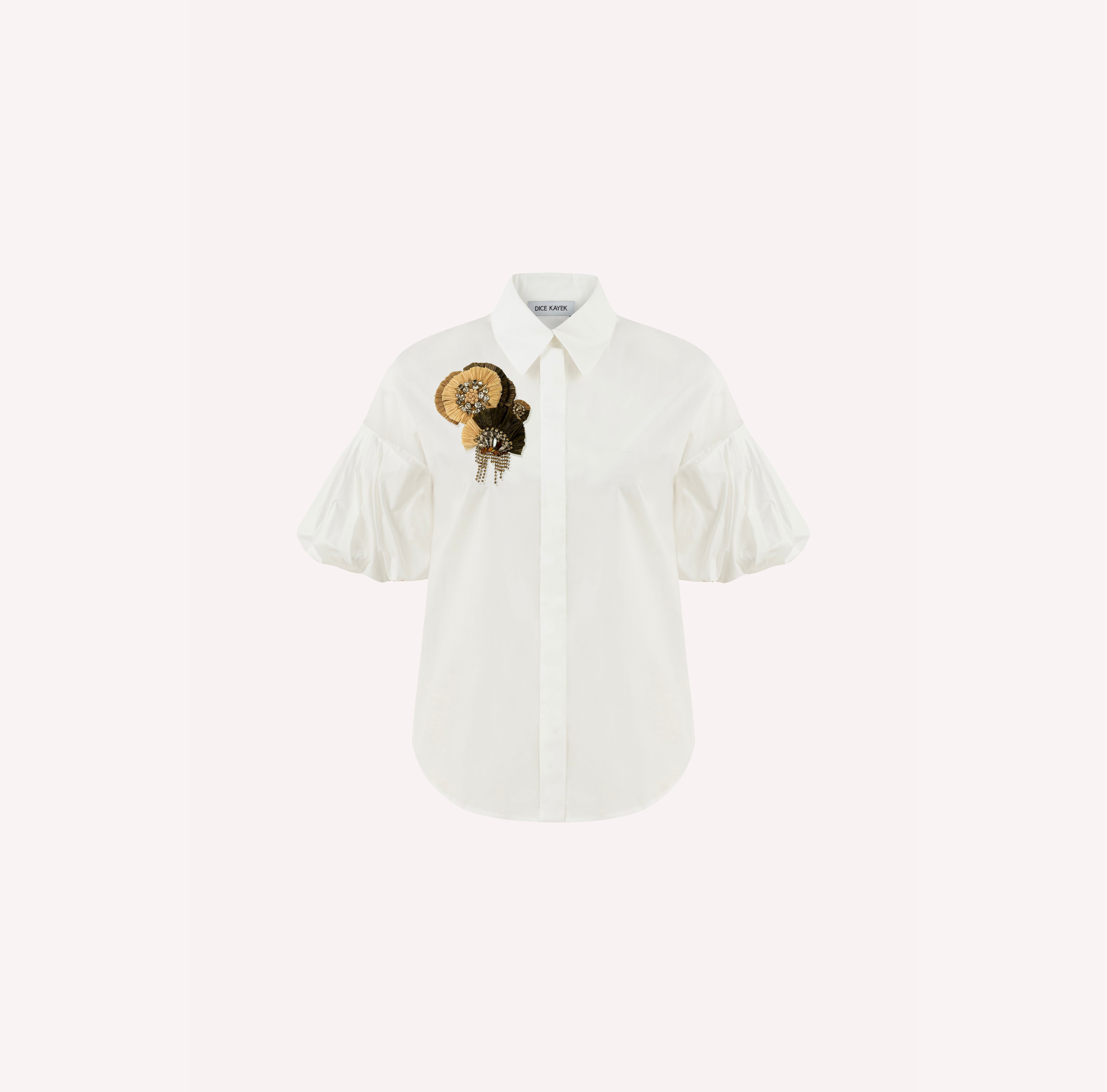 Crystal and Raffia Embellished Cotton Poplin Shirt
