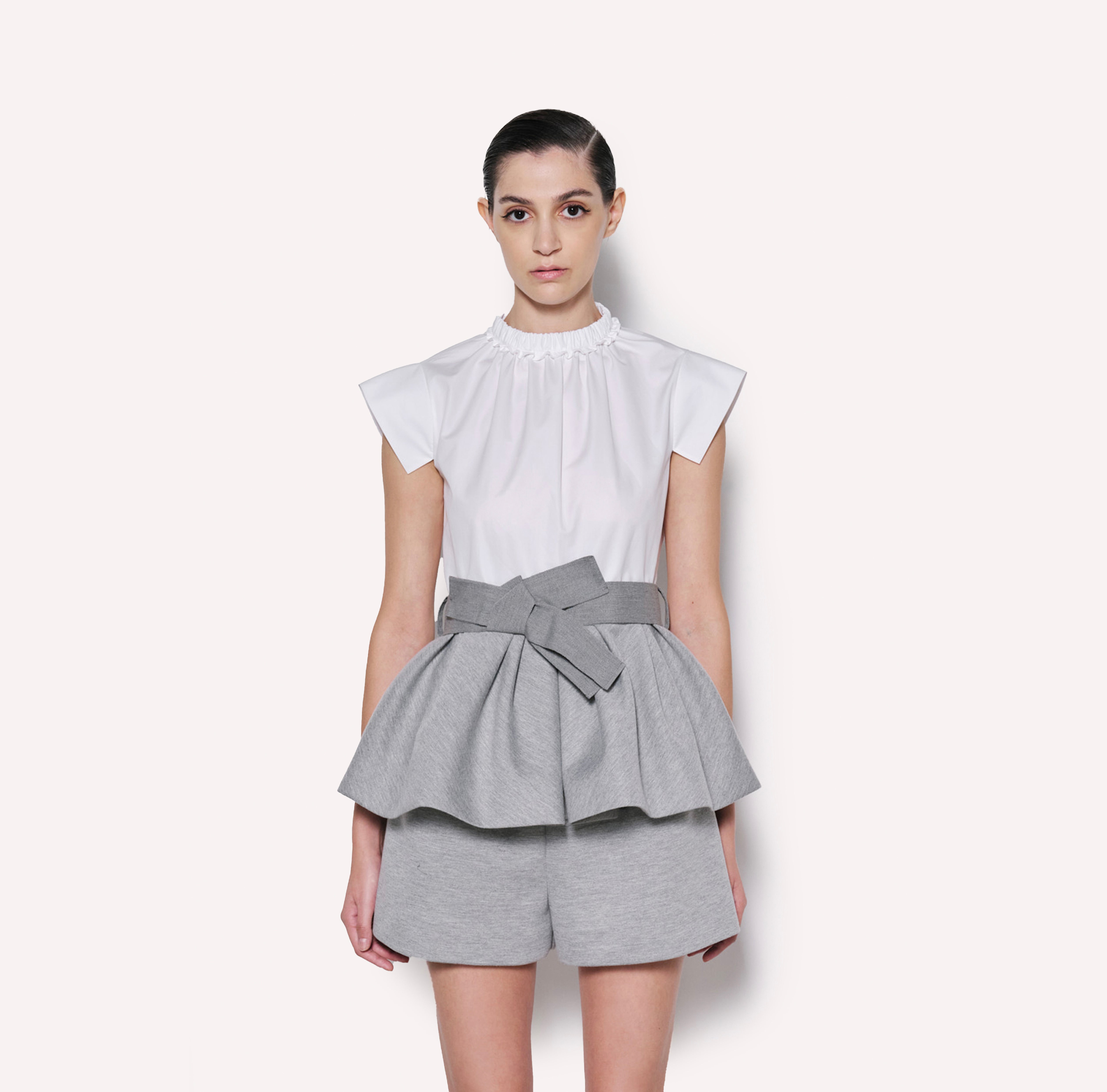 Ruched High-Neck Top with Bow Detail