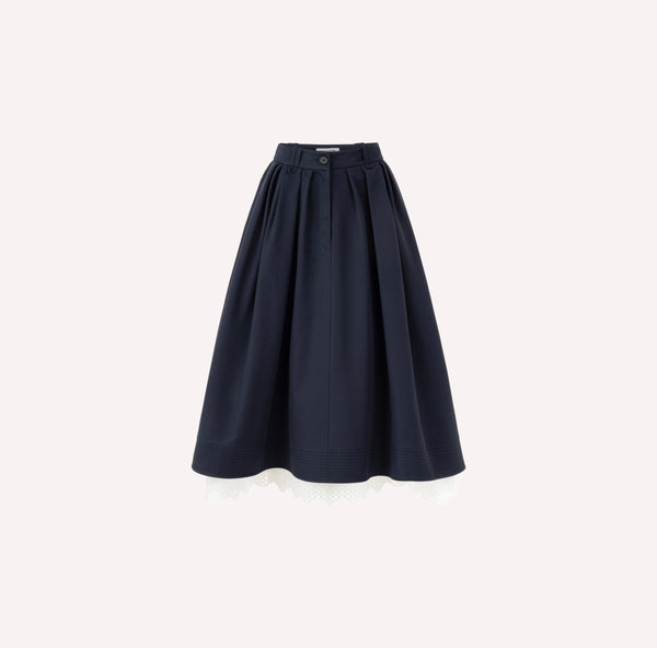 Cotton Midi Skirt with Eyelet Embroidery Navy