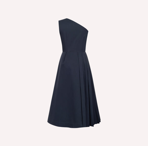 Asymmetric Pleated Button-Detail Dress