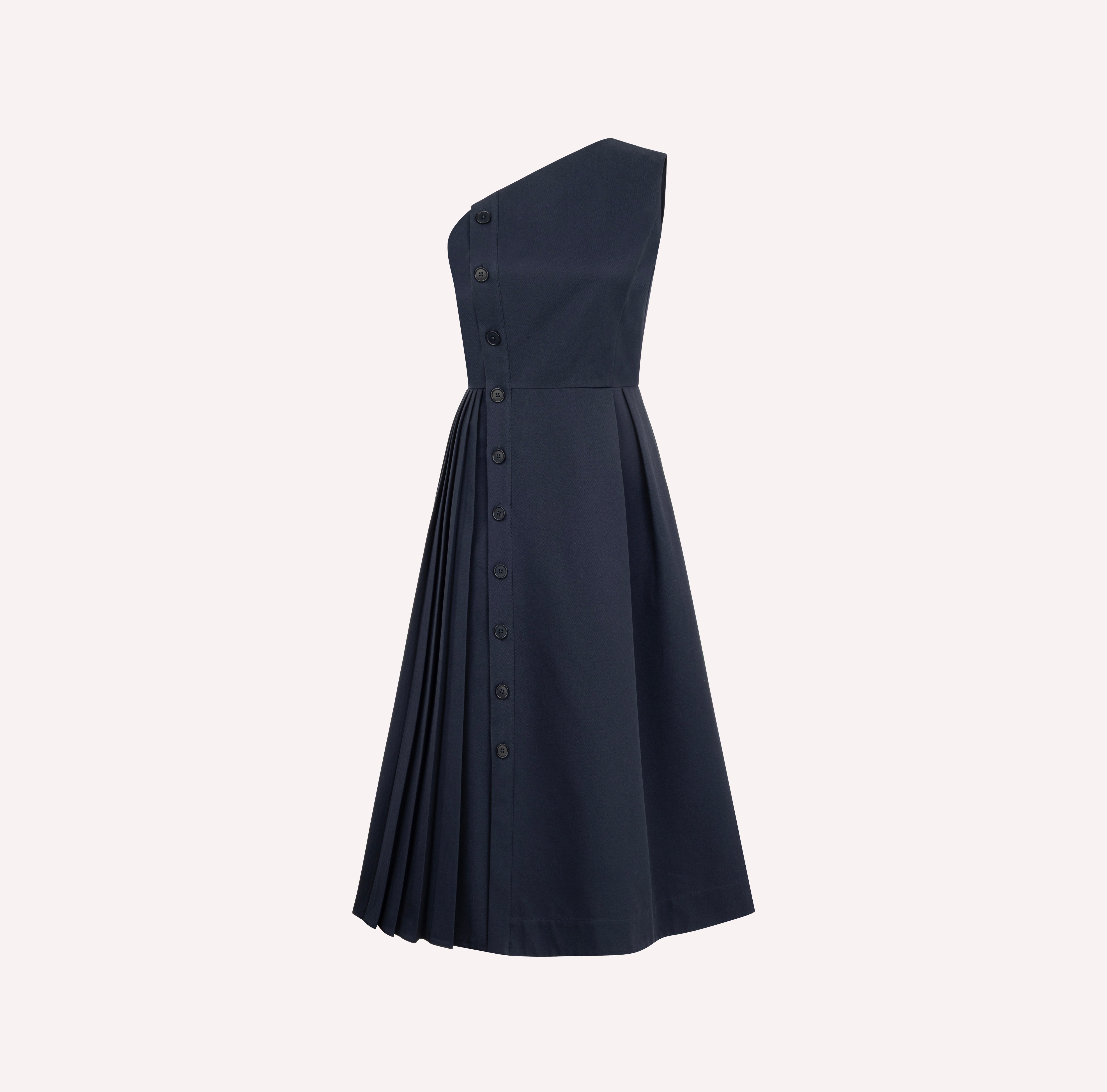 Asymmetric Pleated Button-Detail Dress