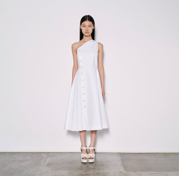 Asymmetric Pleated Button-Detail Dress