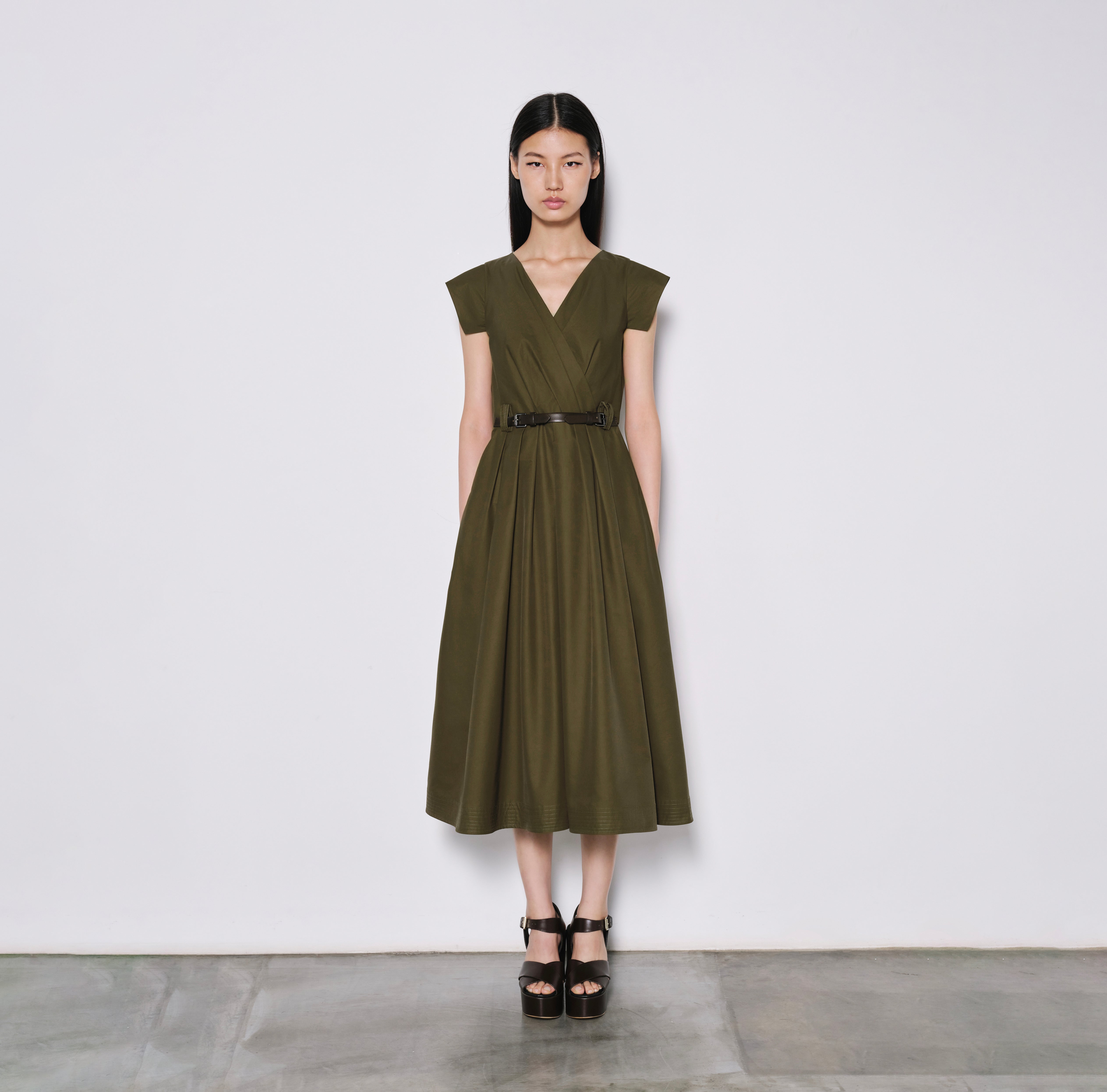 Structured V-Neck Dress with Double Buckle Belt