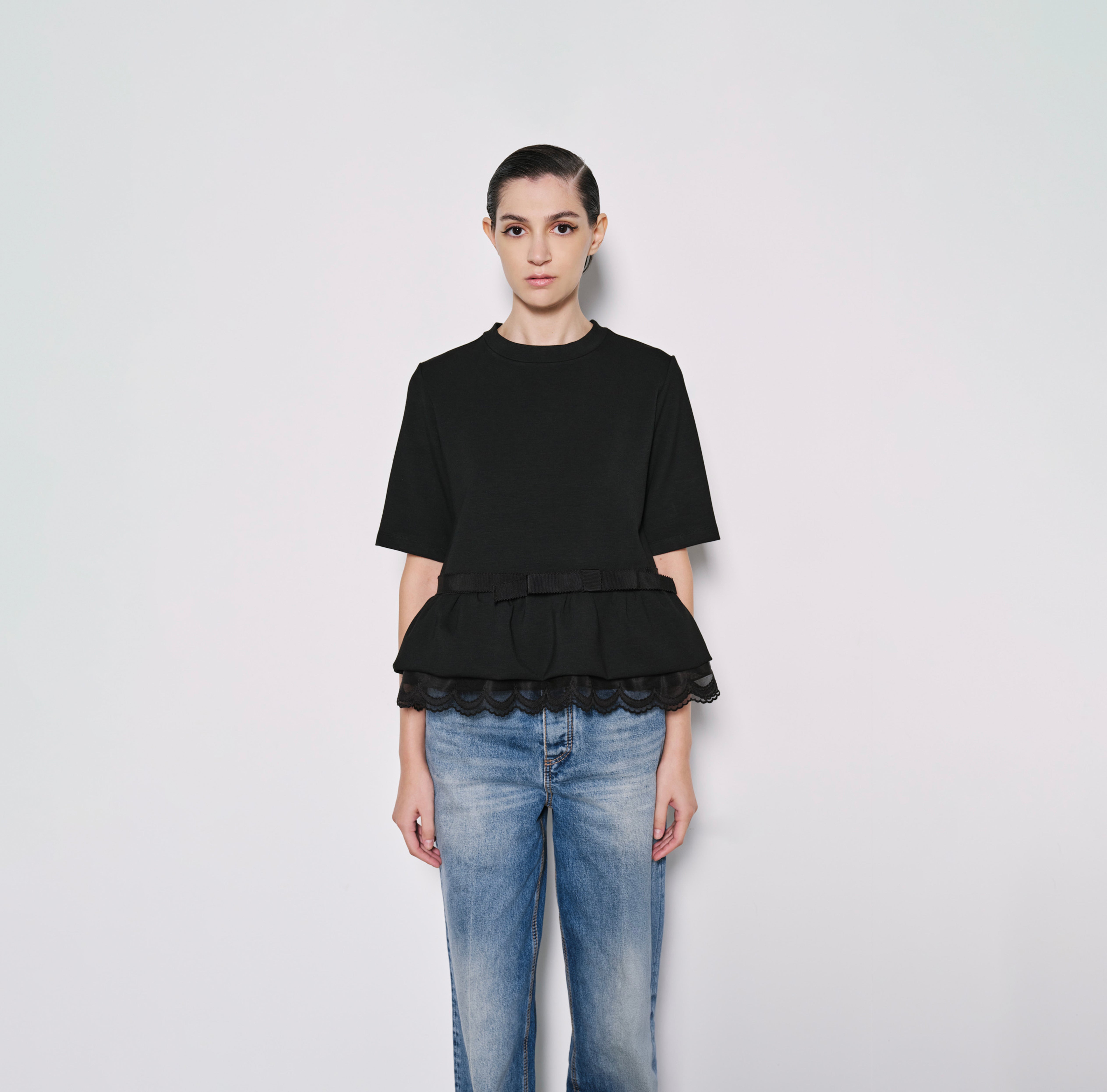 Sweatshirt with Lace Hem and Bow Detail