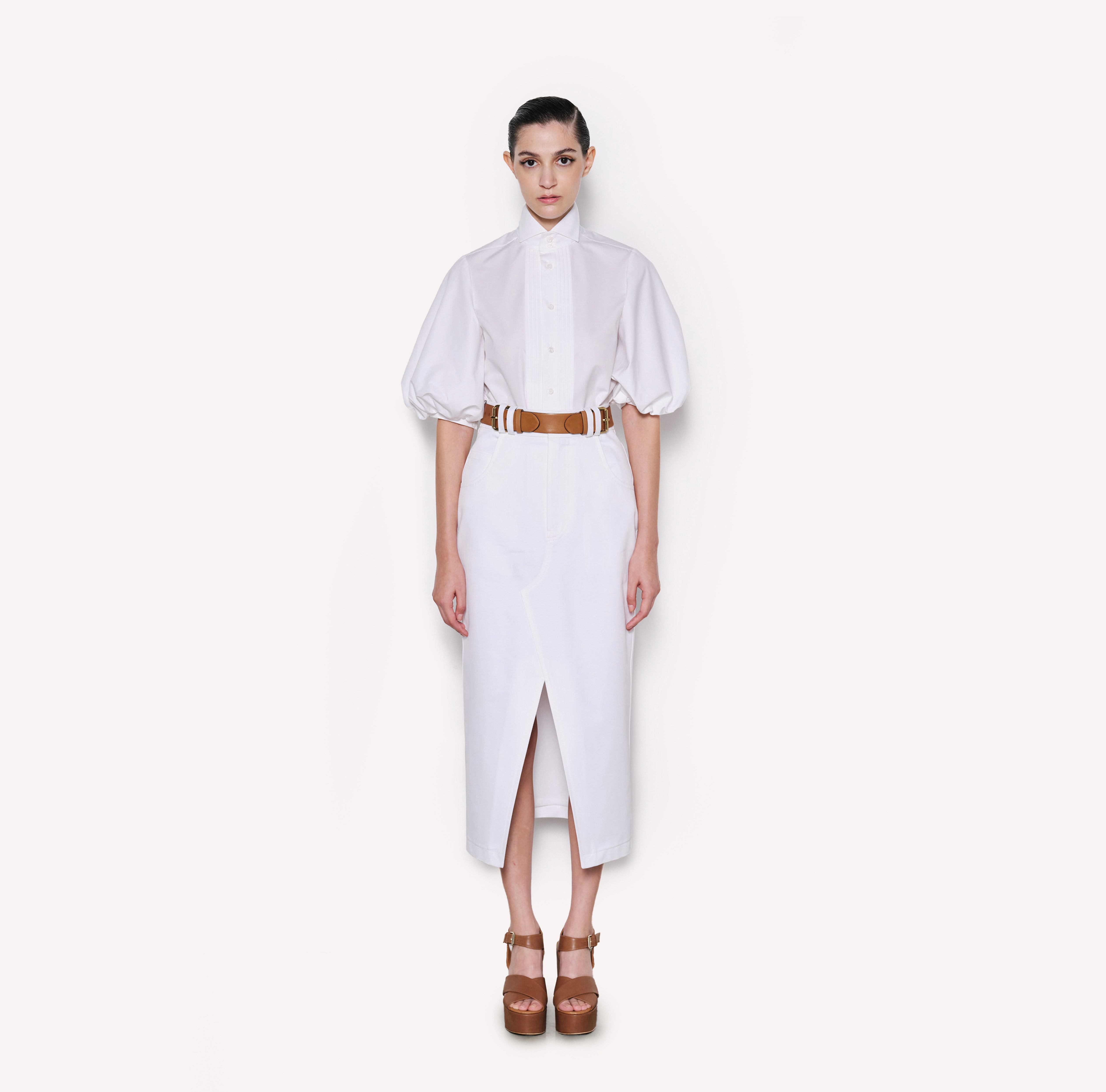 Cotton Midi Skirt with Front Slit