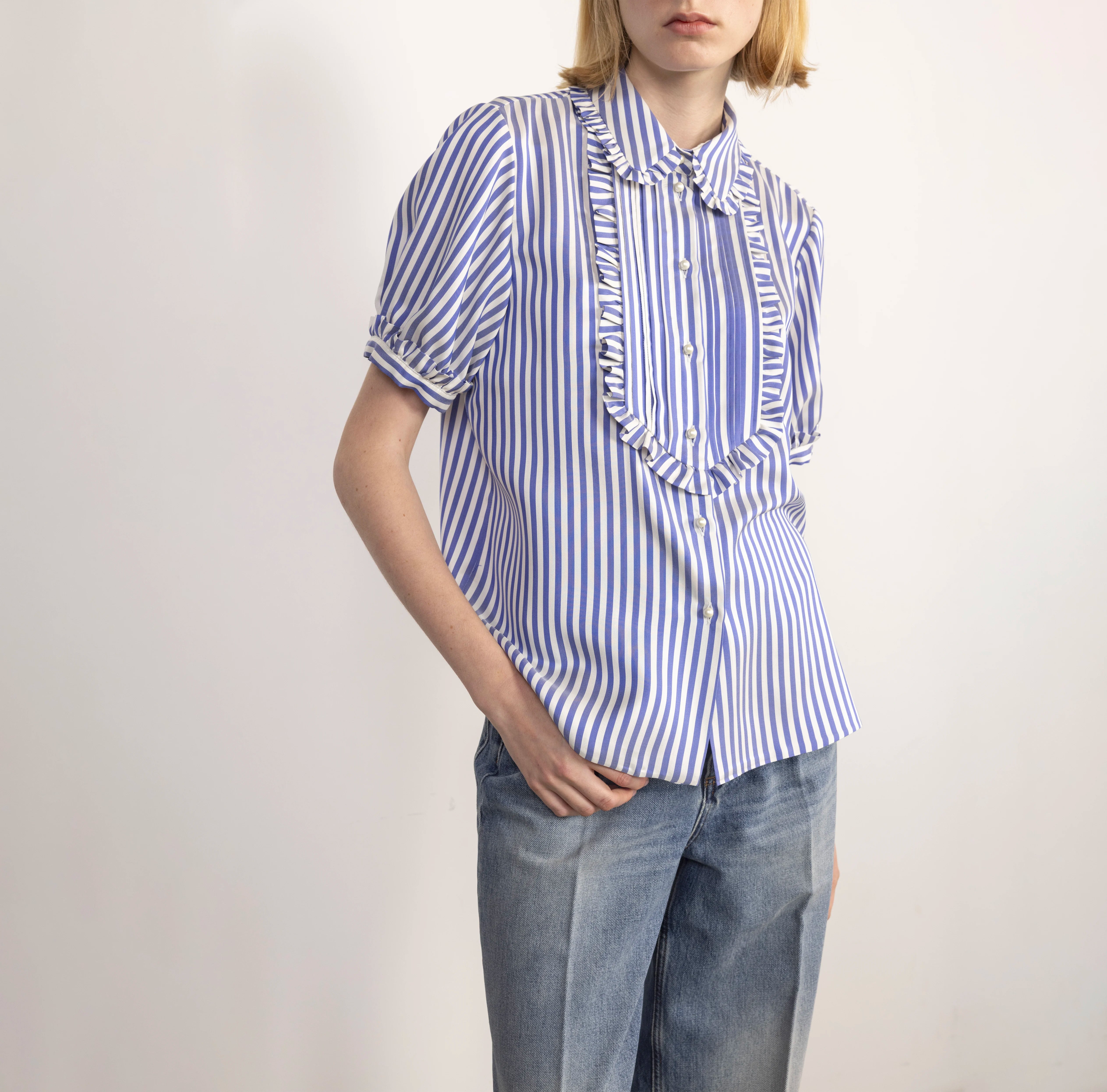 Stripe Puff Sleeve Silk Blouse