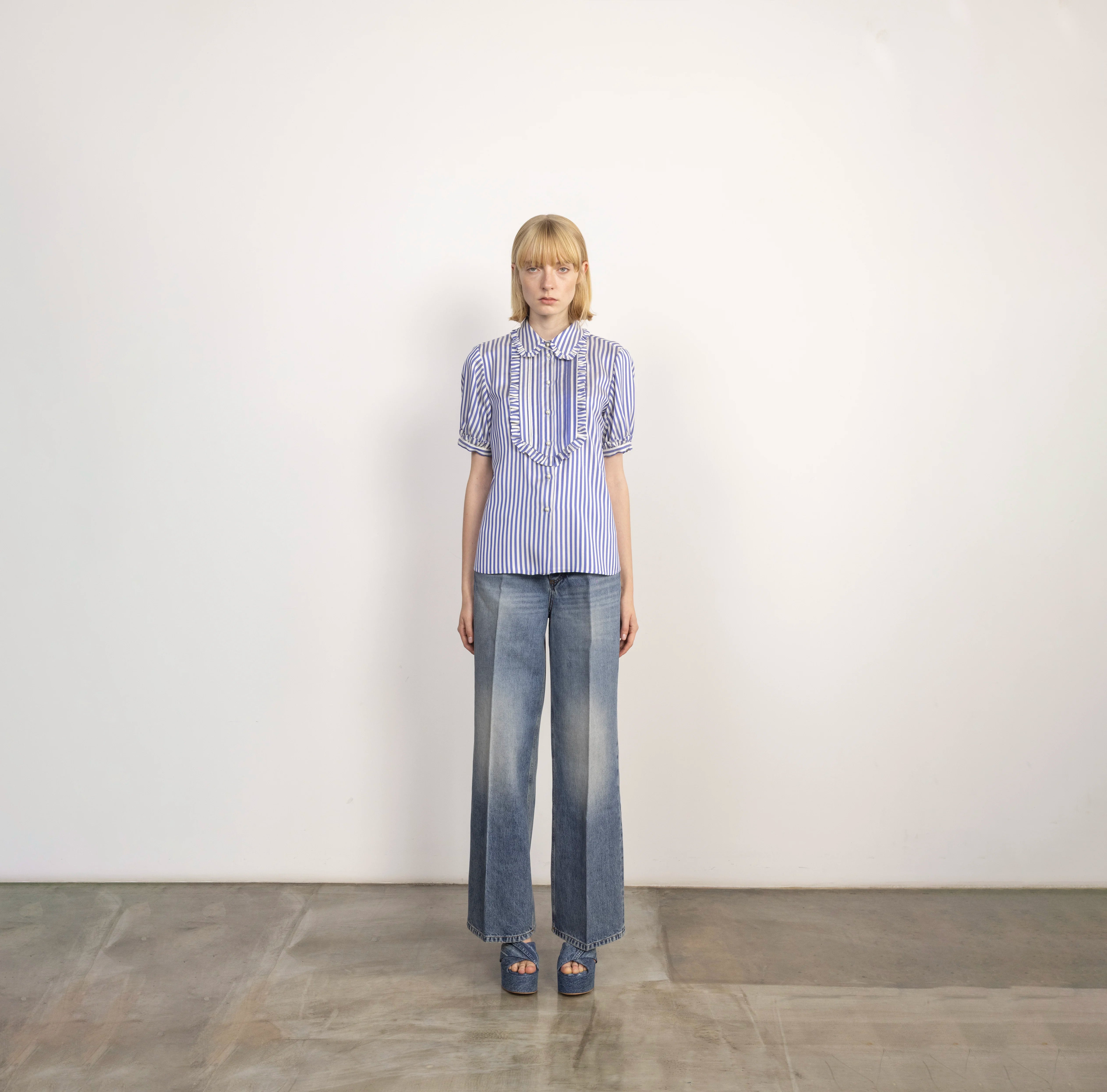 Stripe Puff Sleeve Silk Blouse