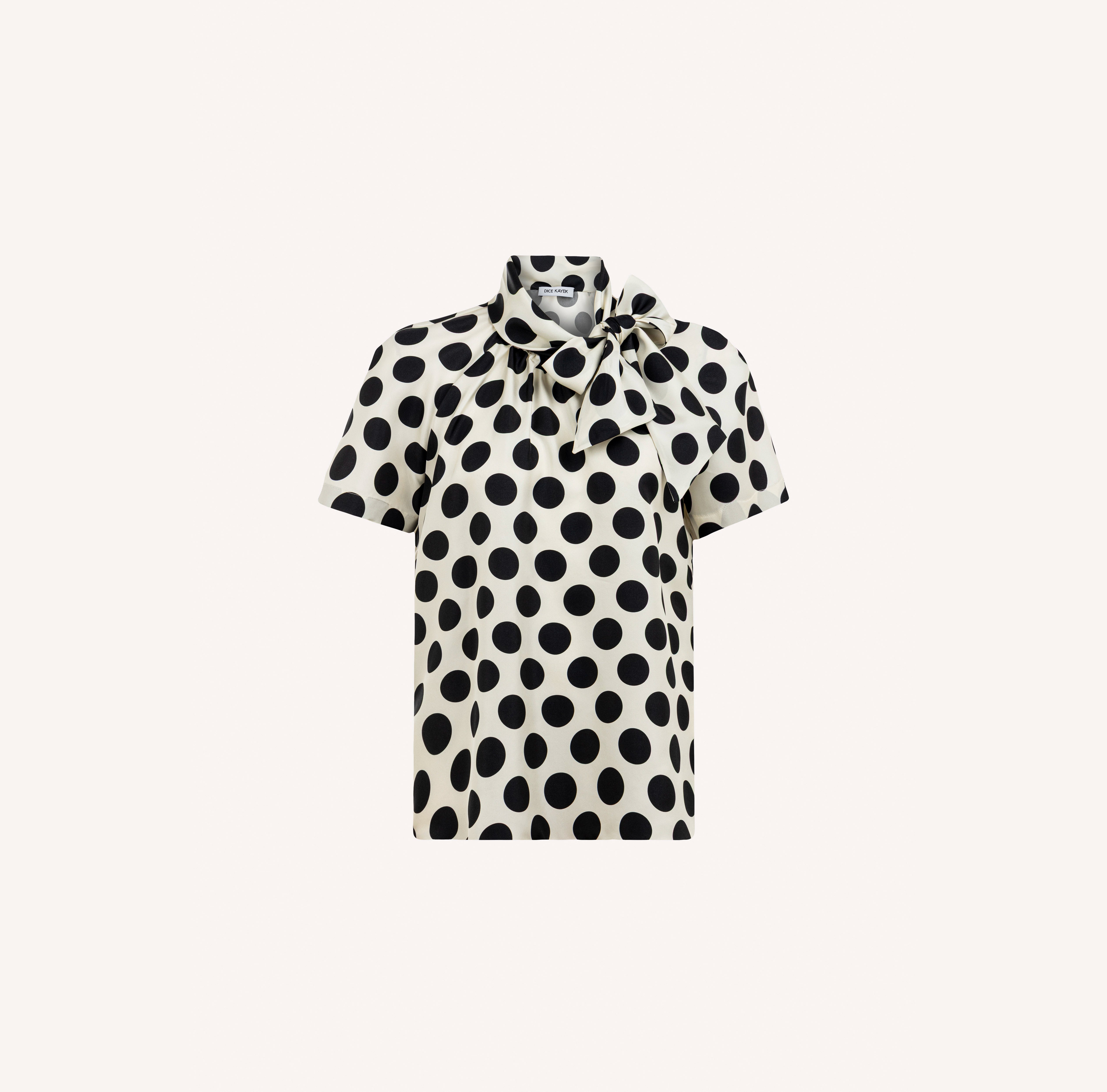 Polka Dot Silk Twill Bow Neck Blouse