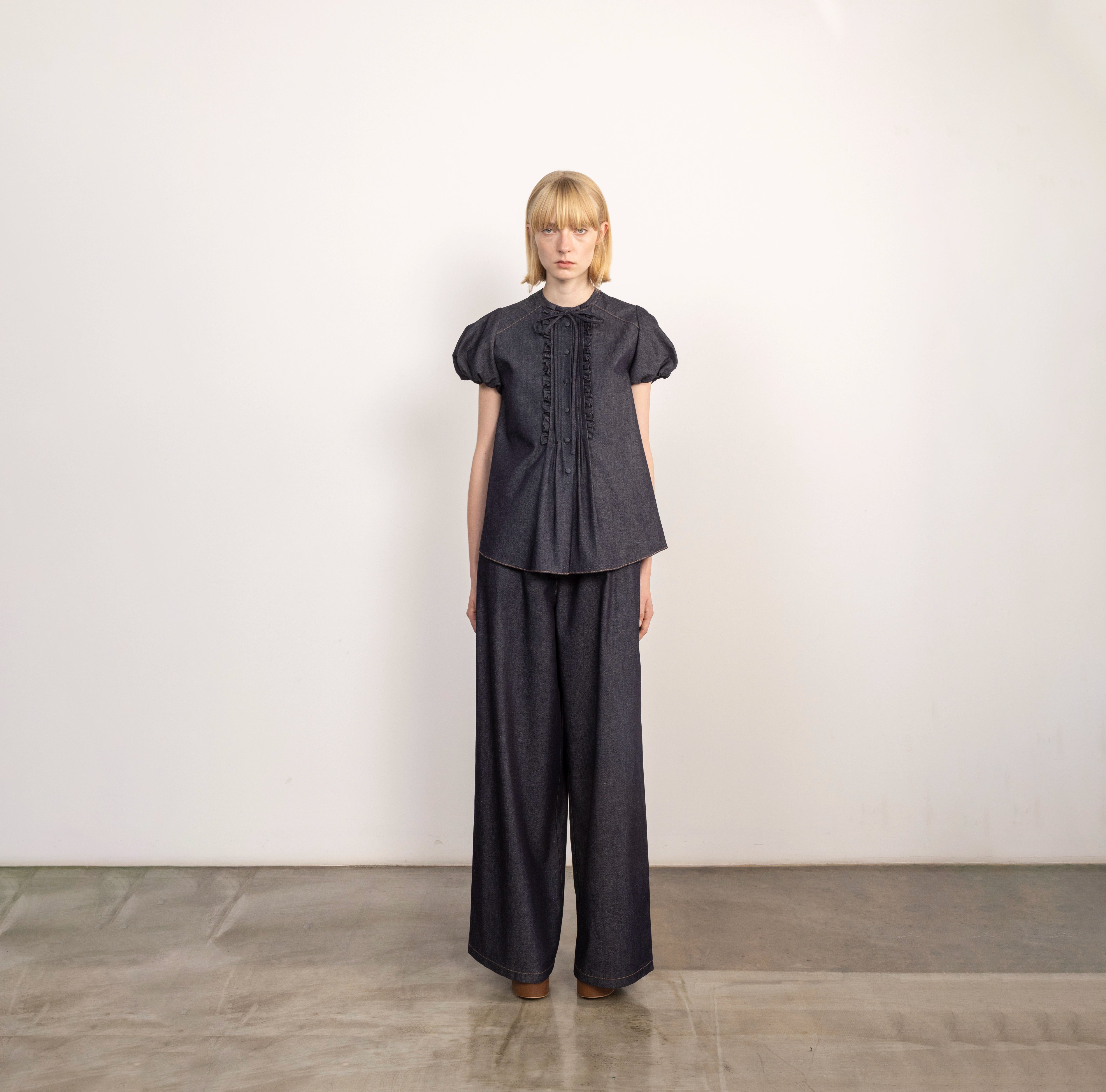 Chambray Ruffled Puff Sleeve Shirt