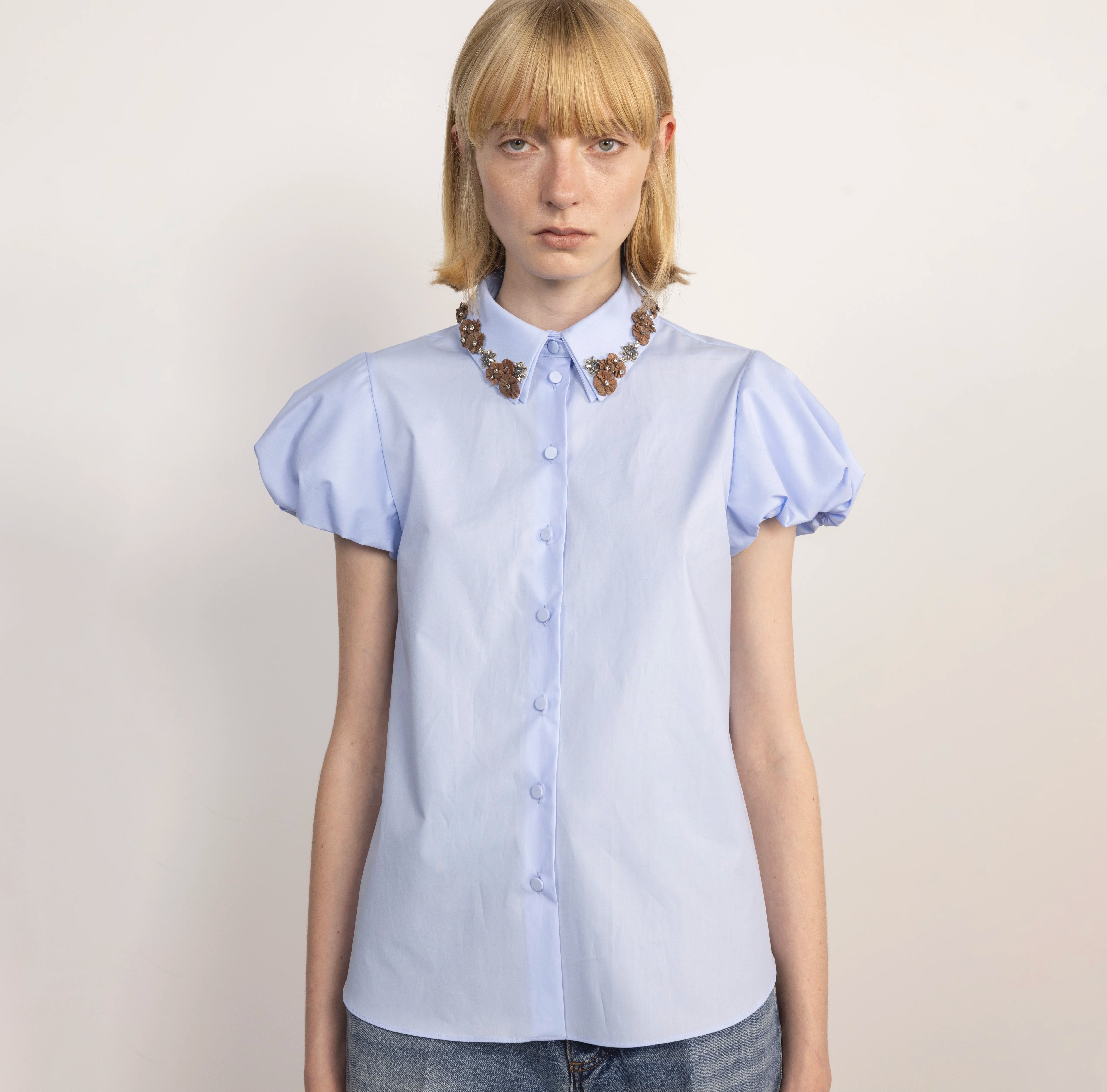 Puff Sleeve Poplin Shirt with Embroidered Collar