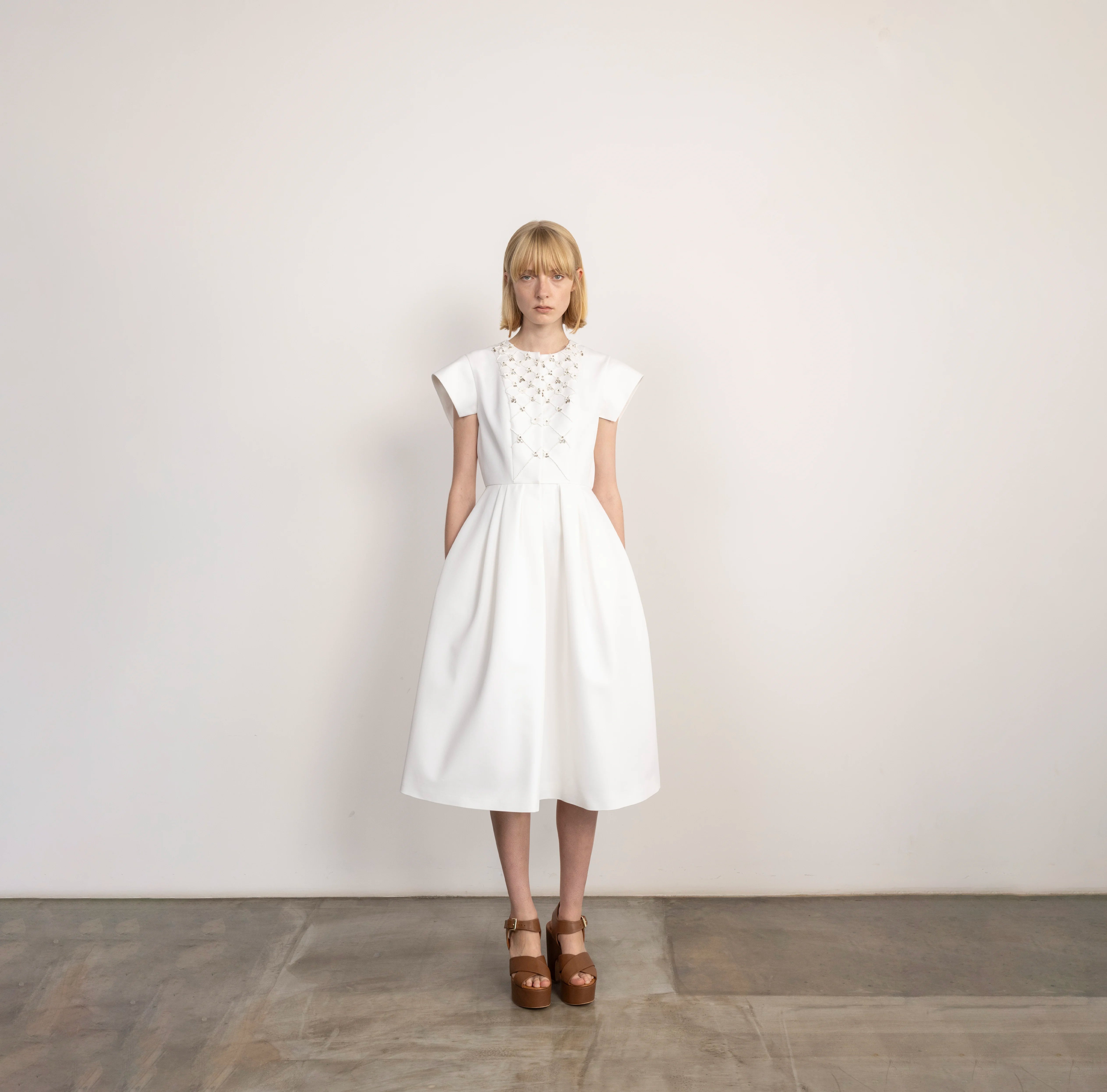 Embellished Cotton Midi Dress with Floral Embroidery Embellished Cotton Midi Dress with Floral Embroidery