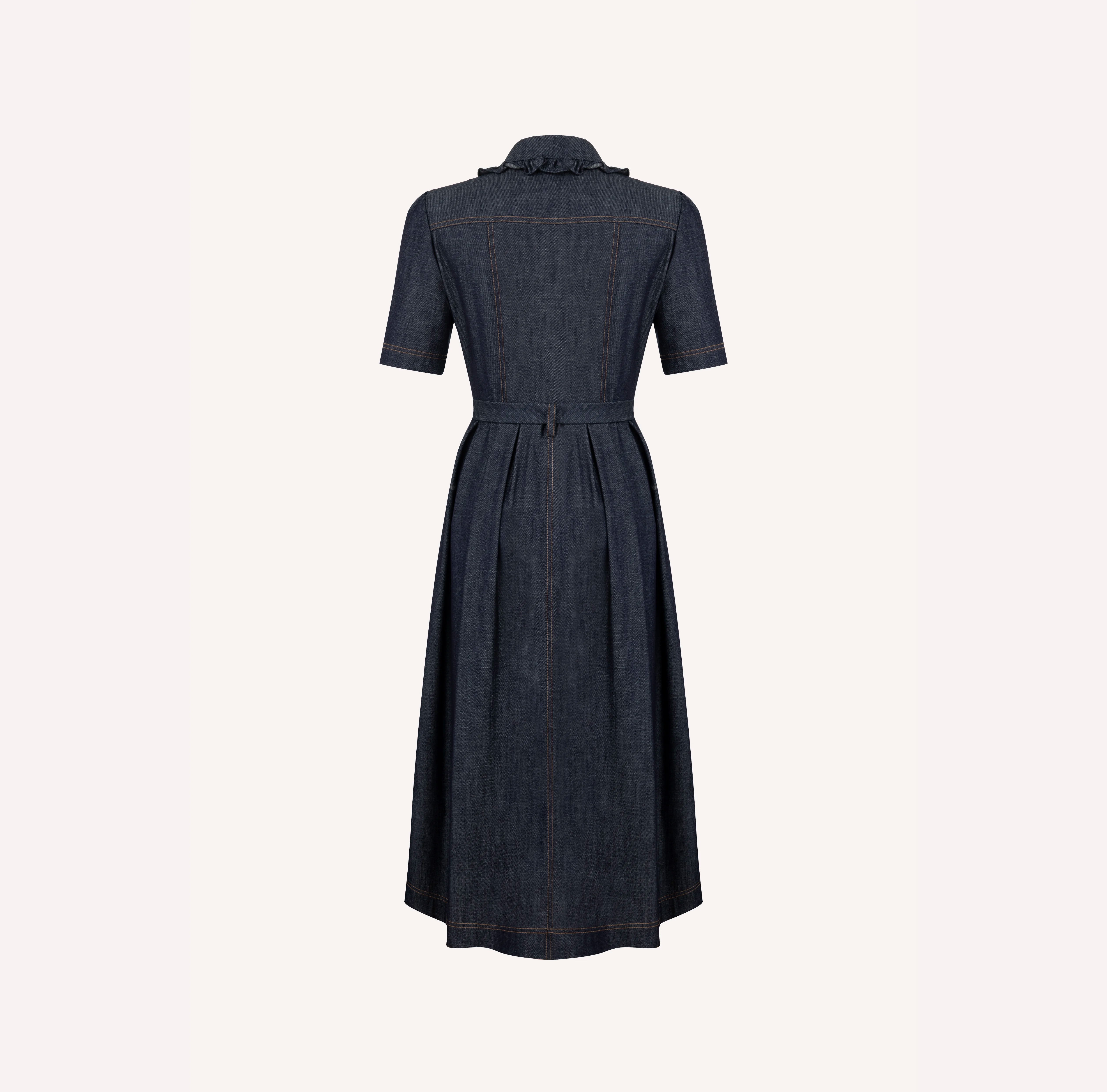 Ruffle Front Chambray Midi Dress